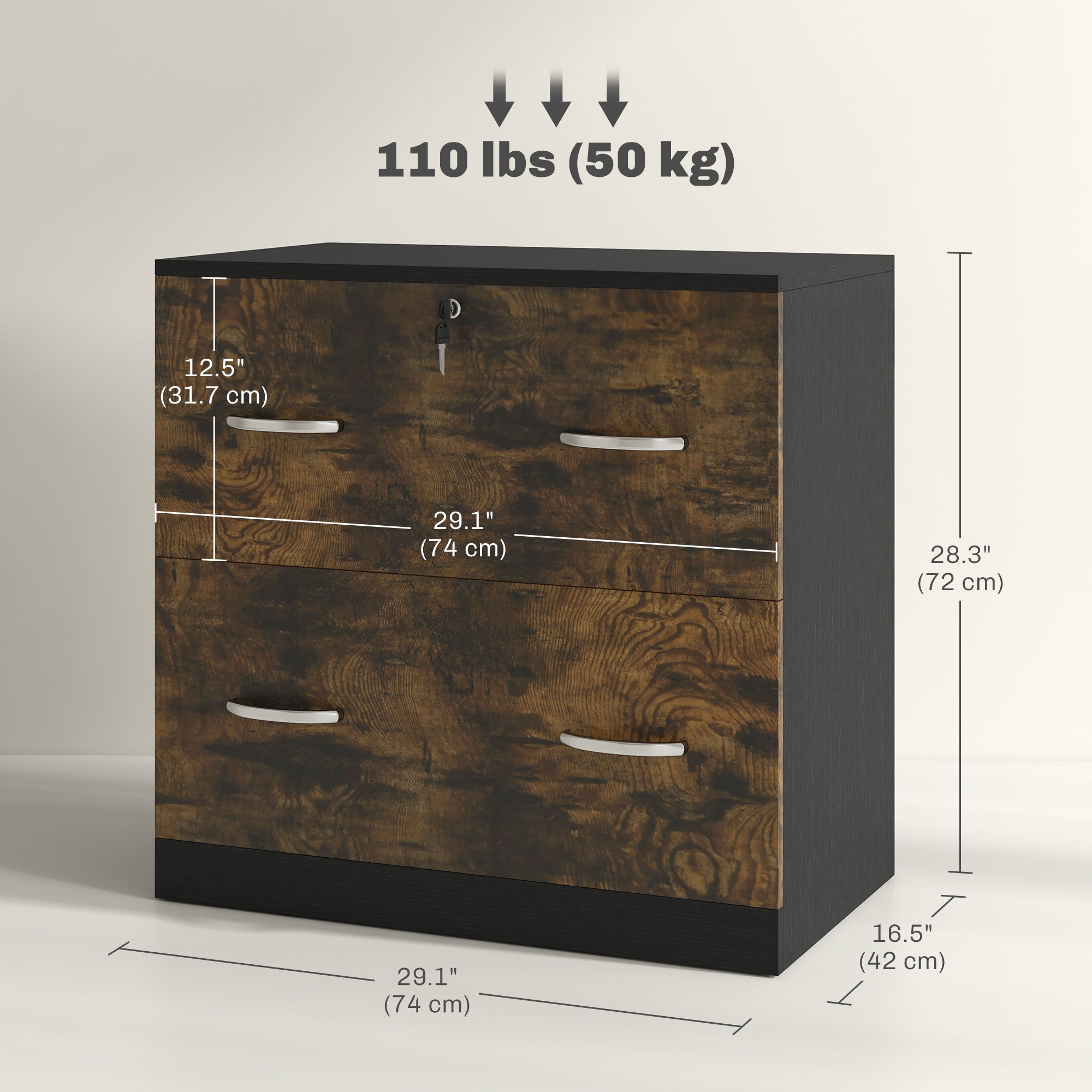 Vinsetto 2-Drawer Lateral Filing Cabinet with Lock, File Cabinet with Hanging Bar for Letter Size, Home Office, Rustic Brown