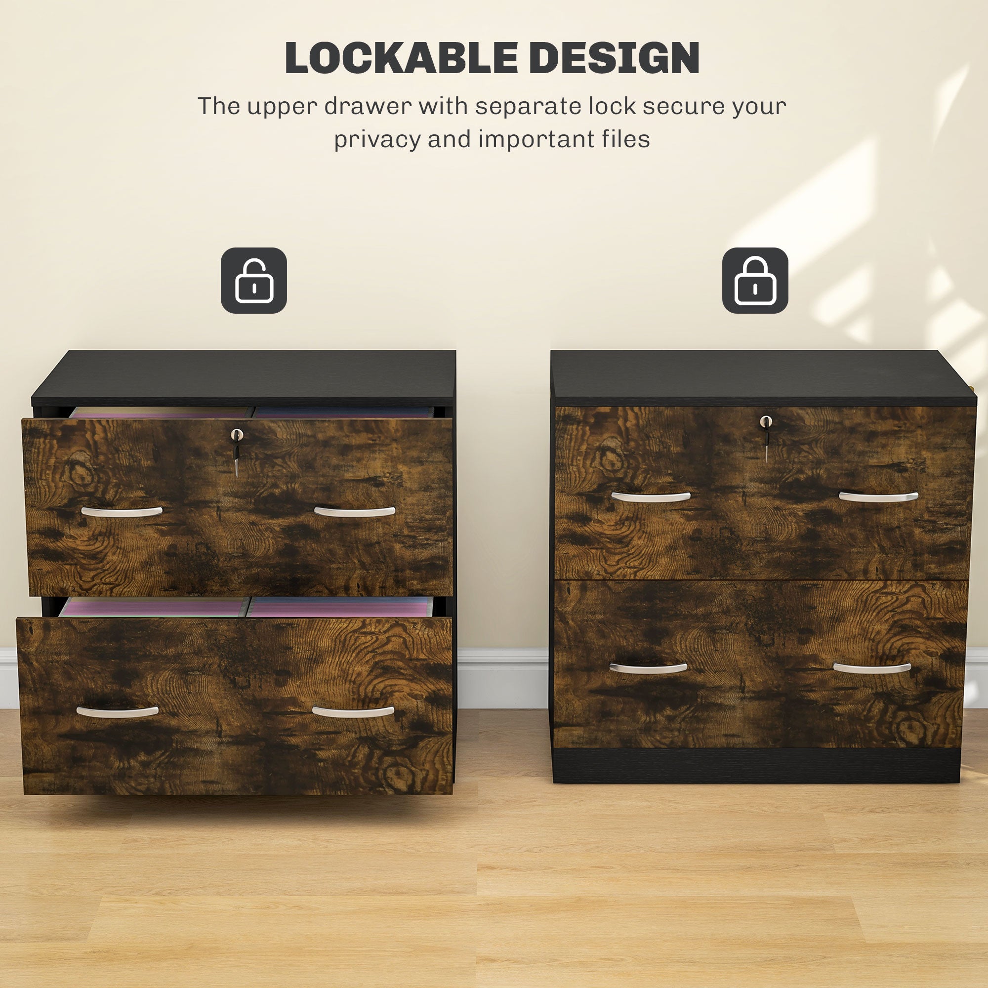 Vinsetto 2-Drawer Lateral Filing Cabinet with Lock, File Cabinet with Hanging Bar for Letter Size, Home Office, Rustic Brown