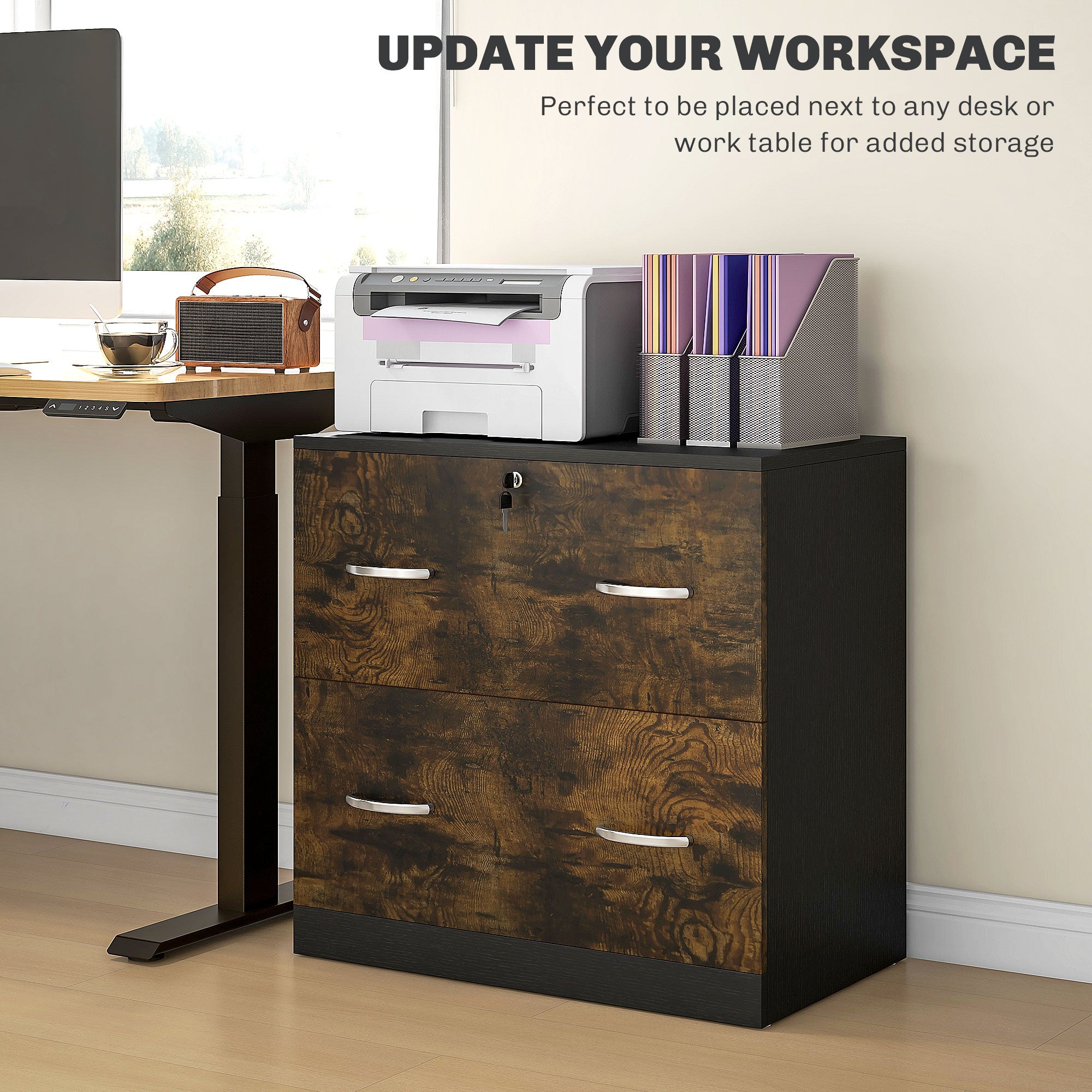 Vinsetto 2-Drawer Lateral Filing Cabinet with Lock, File Cabinet with Hanging Bar for Letter Size, Home Office, Rustic Brown