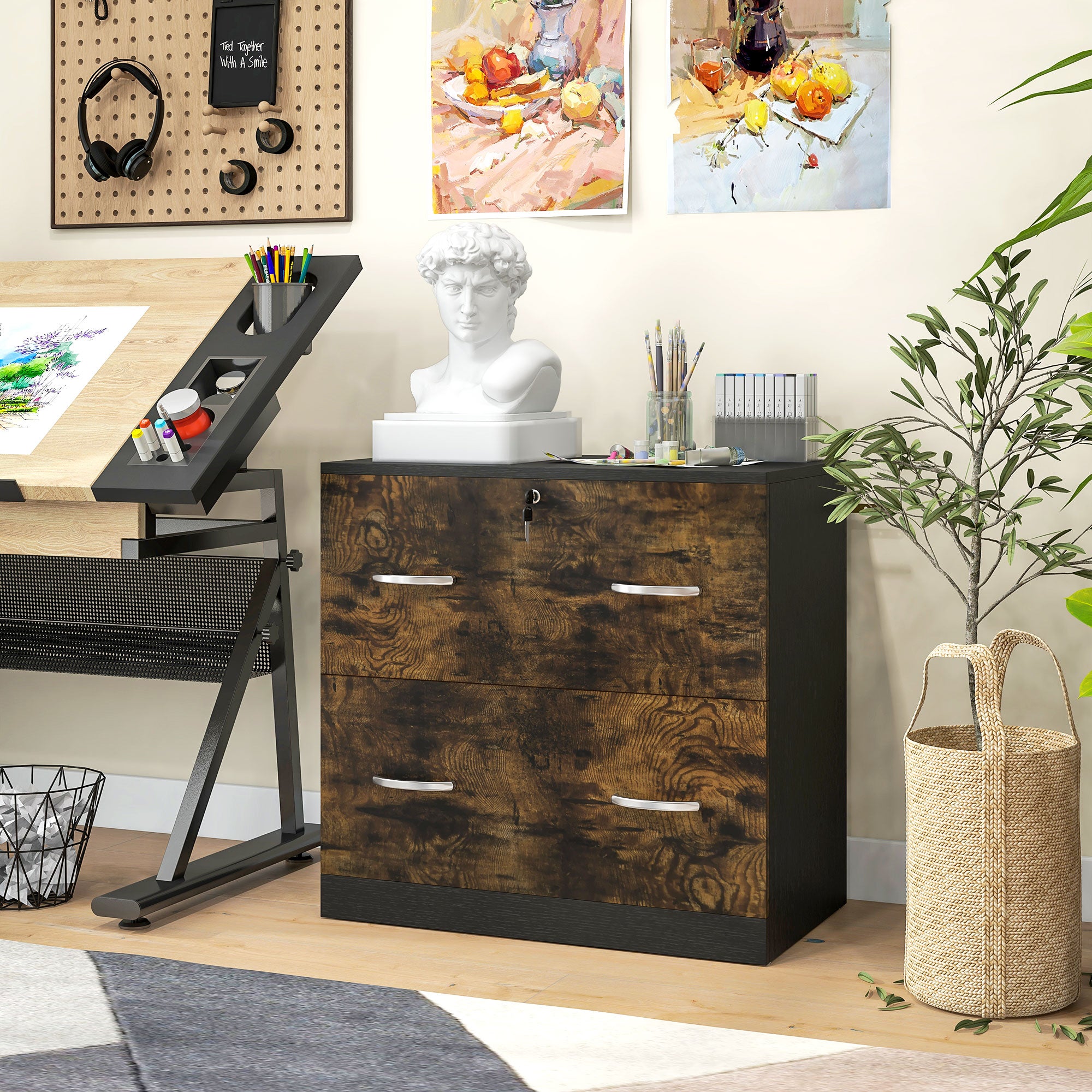 Vinsetto 2-Drawer Lateral Filing Cabinet with Lock, File Cabinet with Hanging Bar for Letter Size, Home Office, Rustic Brown