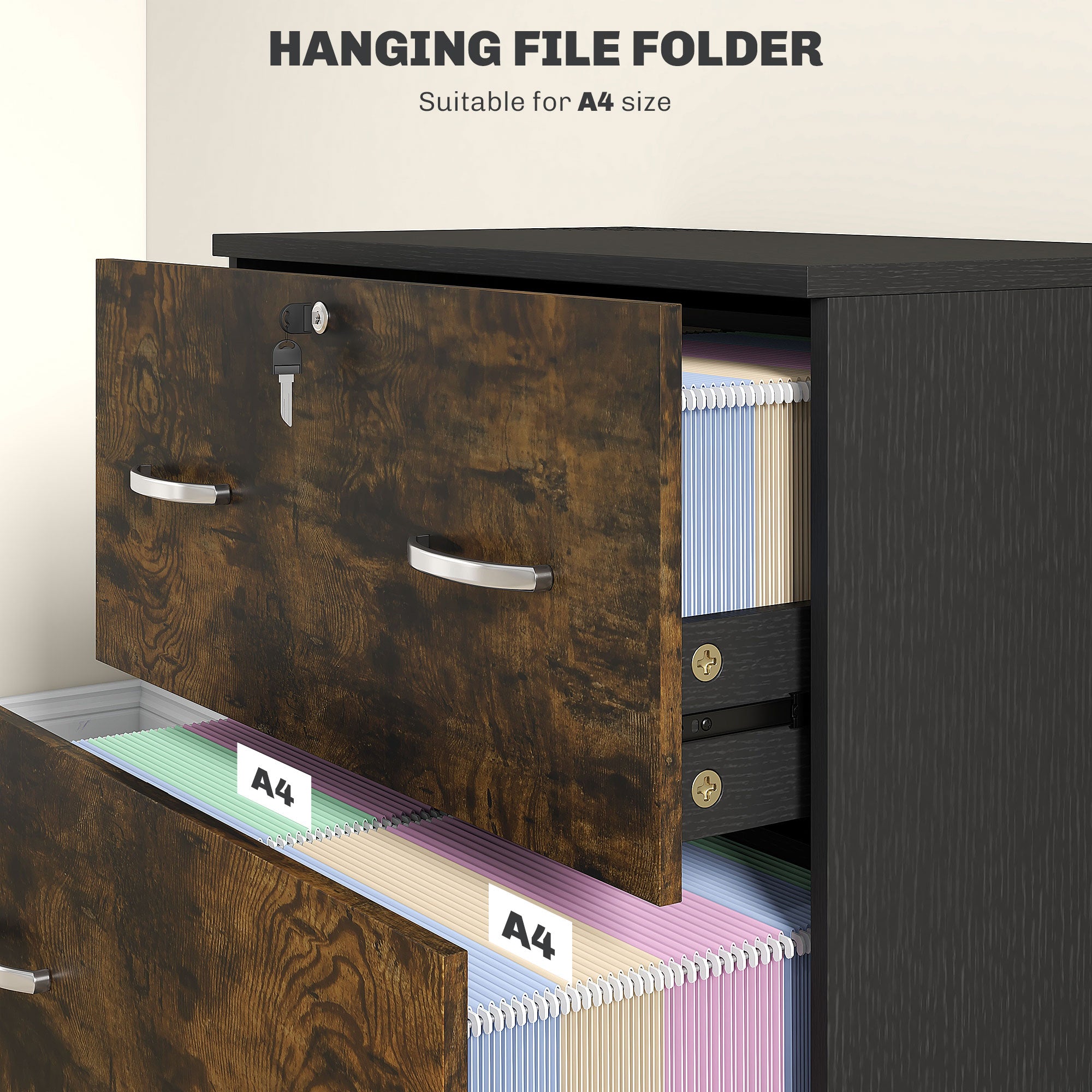 Vinsetto 2-Drawer Lateral Filing Cabinet with Lock, File Cabinet with Hanging Bar for Letter Size, Home Office, Rustic Brown