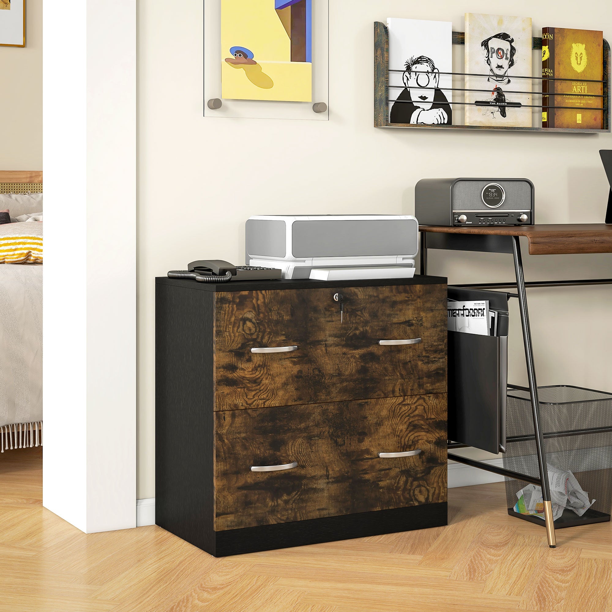 Vinsetto 2-Drawer Lateral Filing Cabinet with Lock, File Cabinet with Hanging Bar for Letter Size, Home Office, Rustic Brown