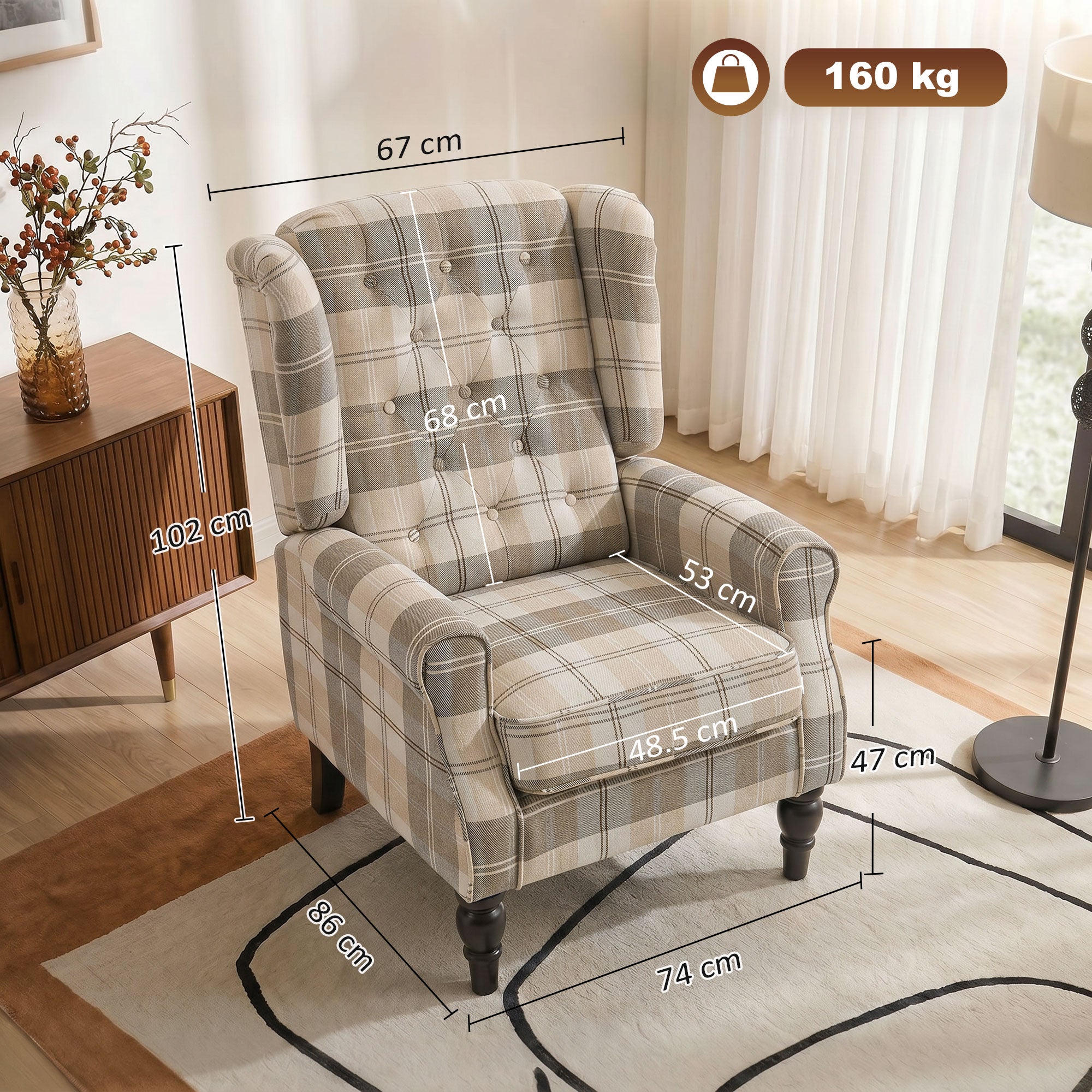 Wingback Accent Chair, Linen-Look Fabric Armchair with Thick Spring Cushion, High Back, Solid Wood Legs, Retro Button Tufted Reading Chair for Living Room, Bedroom, Khaki Plaid