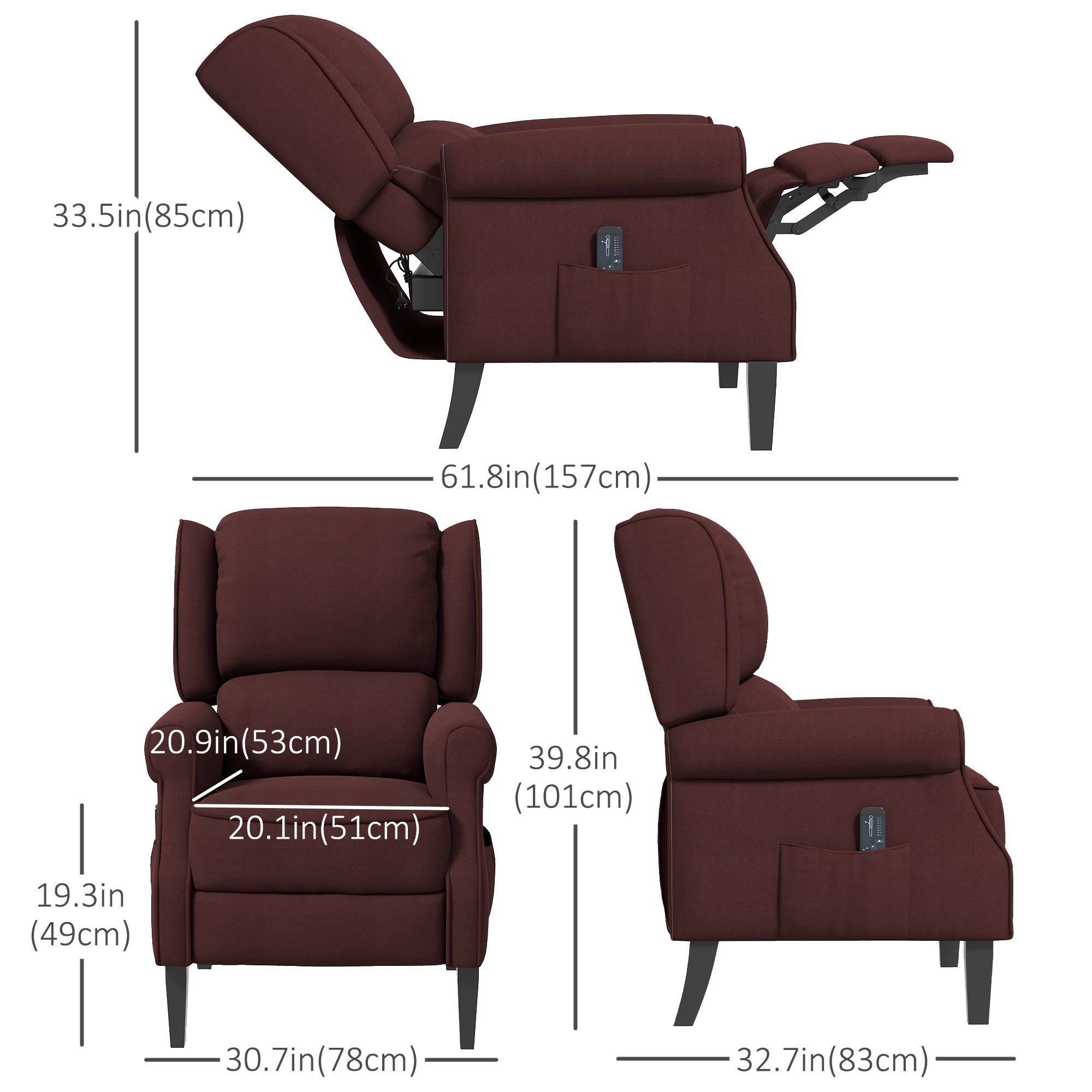 HOMCOM Massage Recliner Chair for Living Room, Push Back Recliner Sofa, Wingback Reclining Chair with Extendable Footrest, Remote Control, Side Pockets, Brown