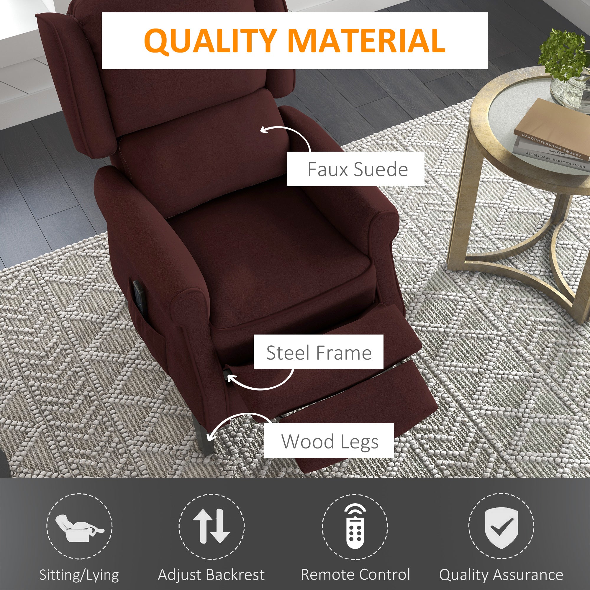 HOMCOM Massage Recliner Chair for Living Room, Push Back Recliner Sofa, Wingback Reclining Chair with Extendable Footrest, Remote Control, Side Pockets, Brown