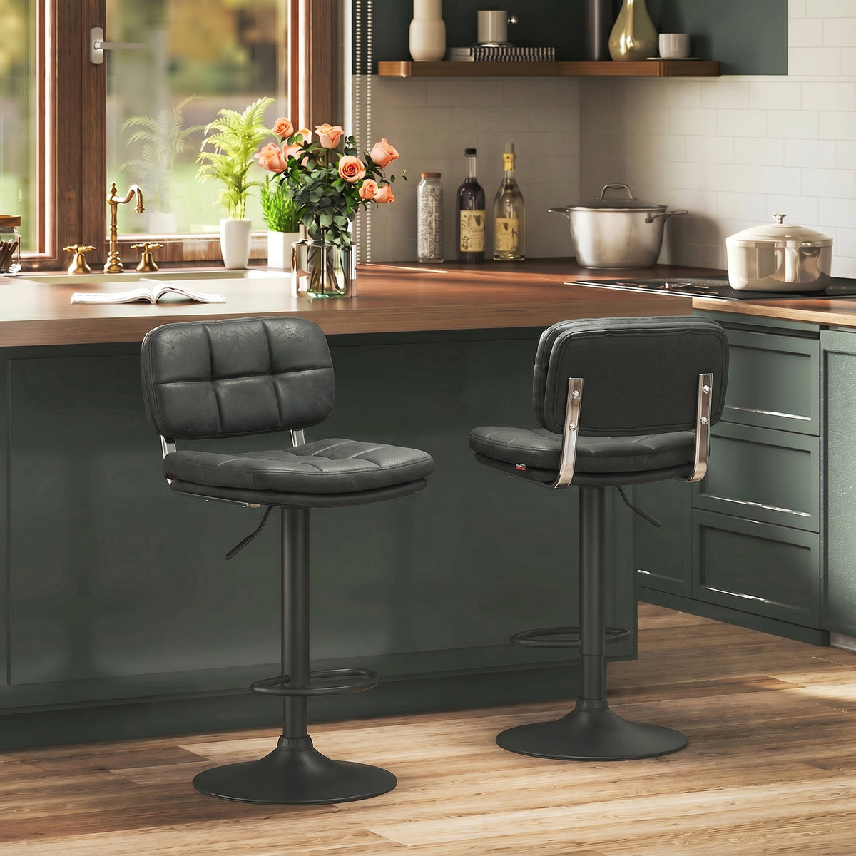 Bar Stools Set of 2, Swivel Counter Height Barstools with Adjustable Height, Back and Footrest, PU Leather Upholstered Bar Chairs for Home Kitchen Island, Black