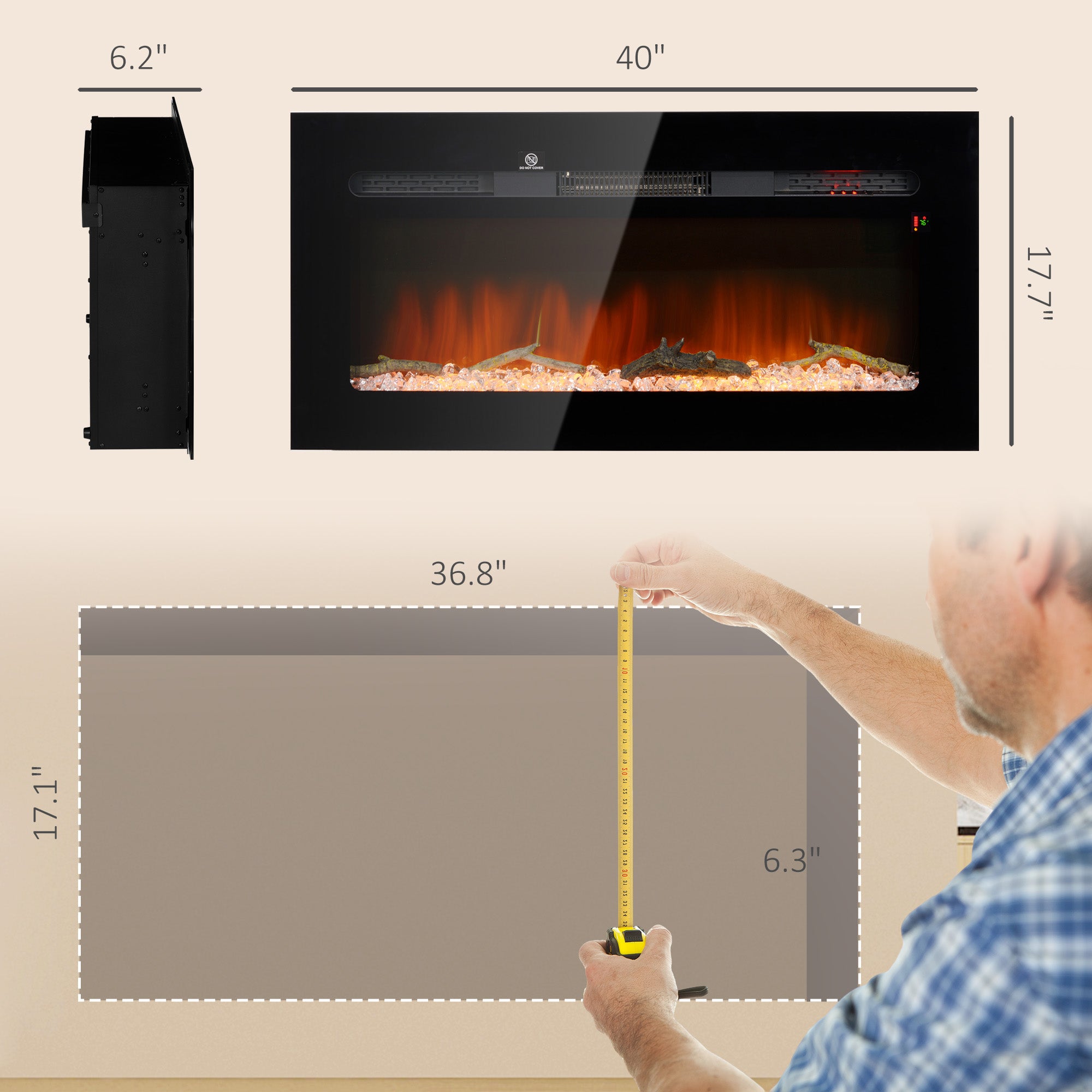 40" Electric Fireplace Heater with Remote Control, Adjustable Flame & Brightness, Black