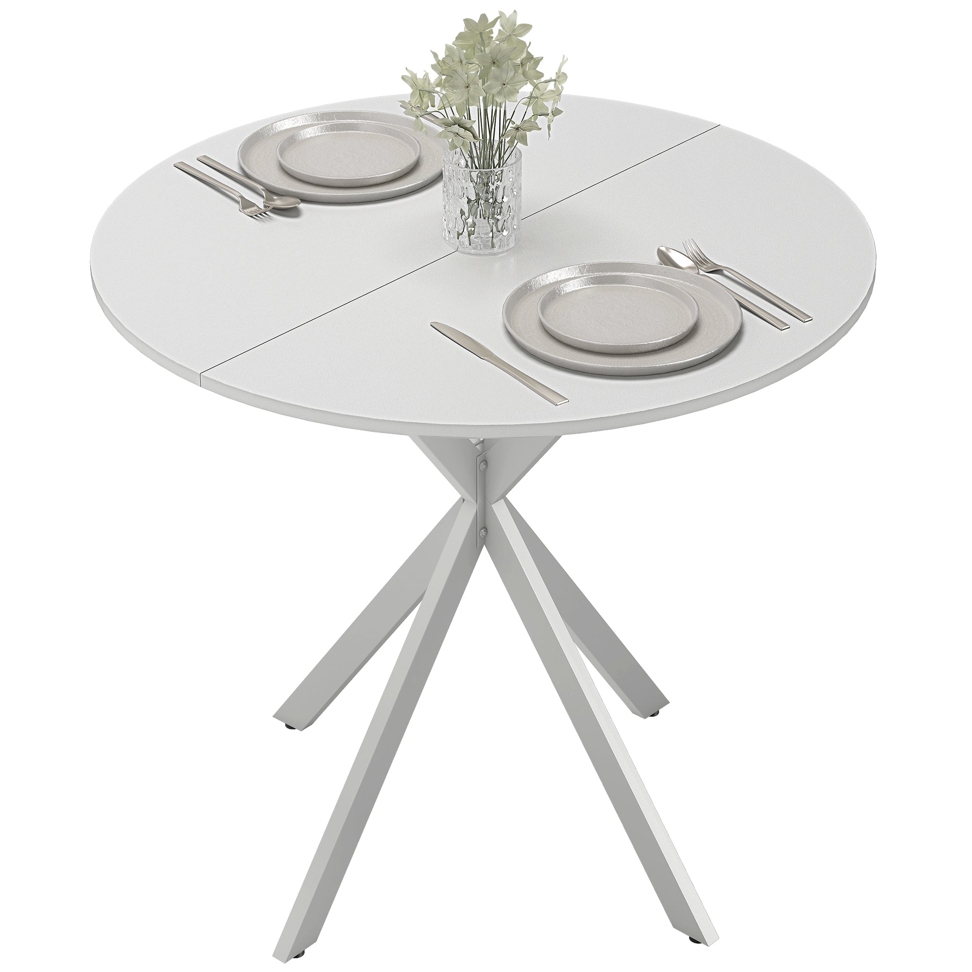 80cm Round Dining Table, Industrial Kitchen Table with Cross Steel Legs for Dining Room, Kitchen, Living Room, White