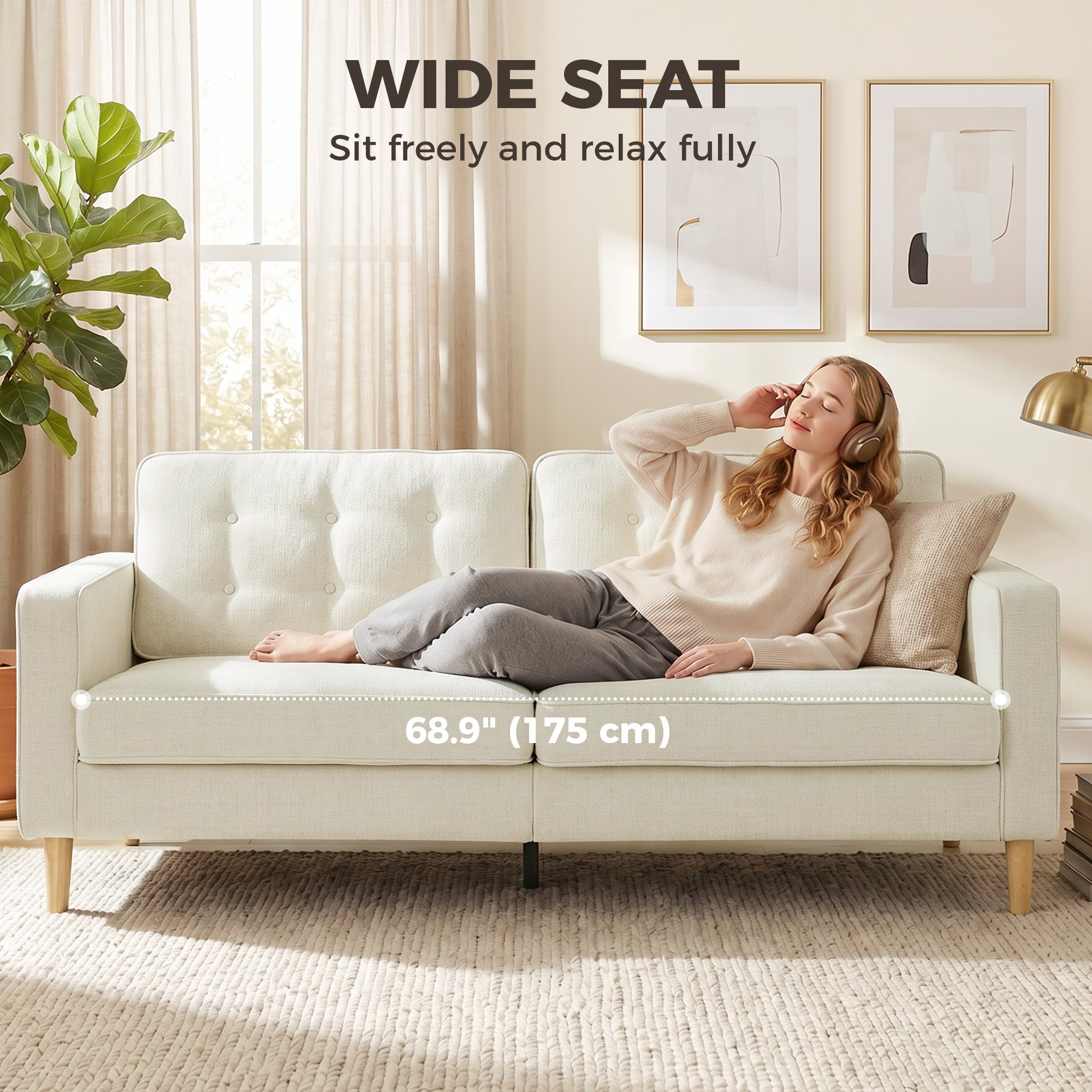3 Seater Sofa, Upholstered Couch for Bedroom, Modern Sofa Settee with Padded Cushion, Button Tufting and Wood Legs for Living Room, Cream White