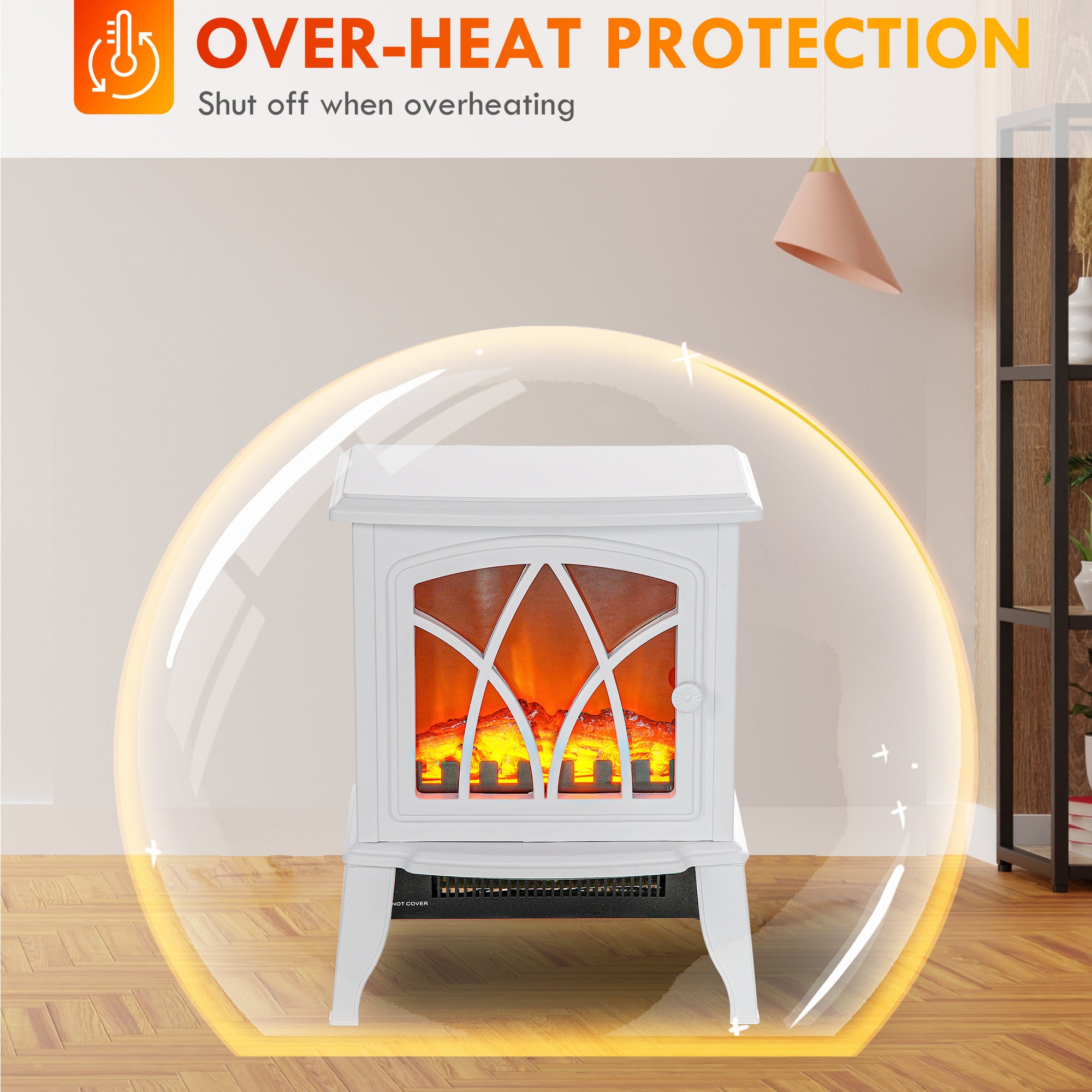 Electric Fireplace Heater with Flame Effect & Overheat Protection, 750W/1500W, White