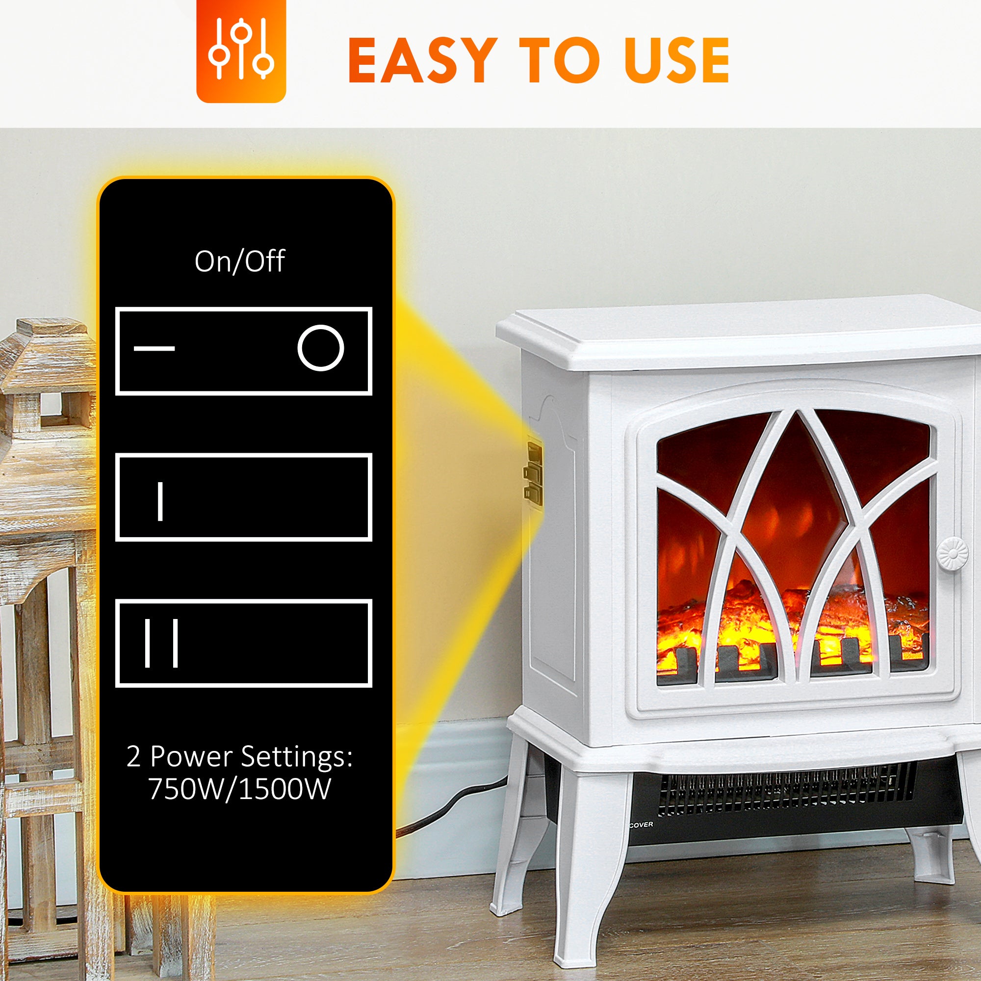 Electric Fireplace Heater with Flame Effect & Overheat Protection, 750W/1500W, White