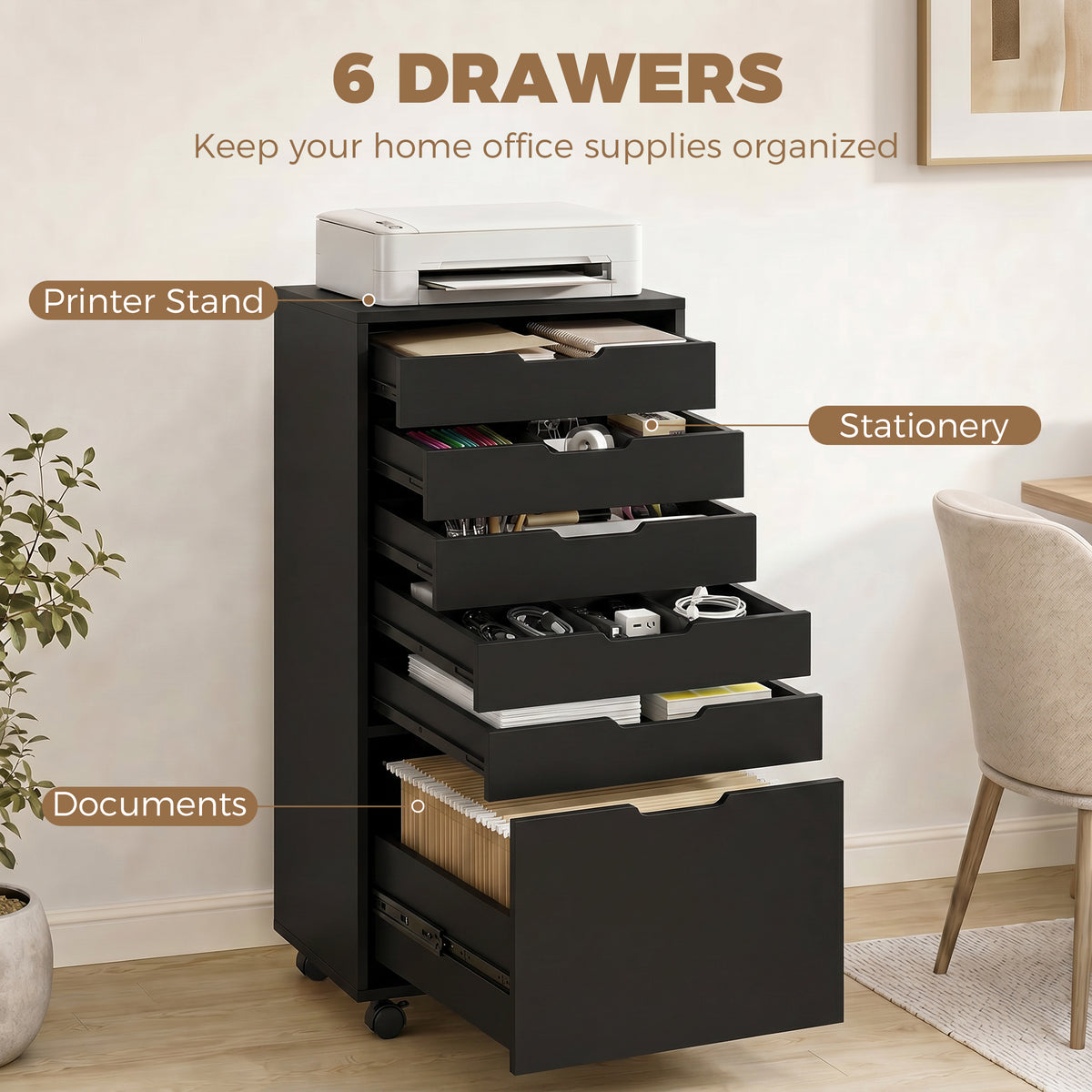 5 Drawer Vertical File Cabinet with Lockable Wheels, Filing Cabinet for Home Office, Printer Stand with Adjustable Hanging Bars For A4, Letter, legal File Folders, Black