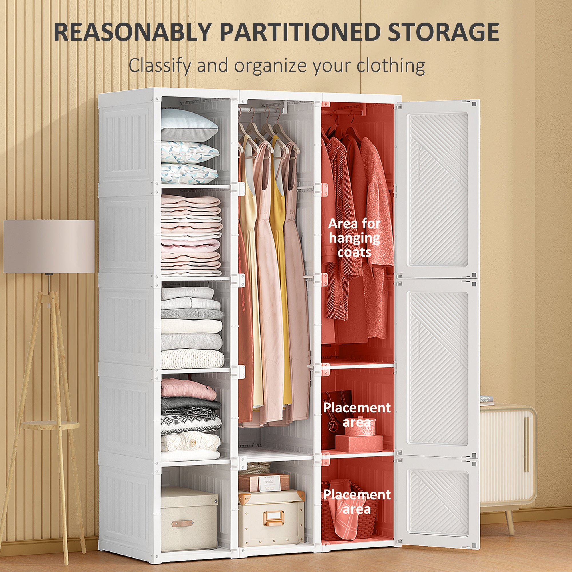 Portable Wardrobe Closet, Folding Armoire Clothes Organizer w/ 8 Cube Compartments, White