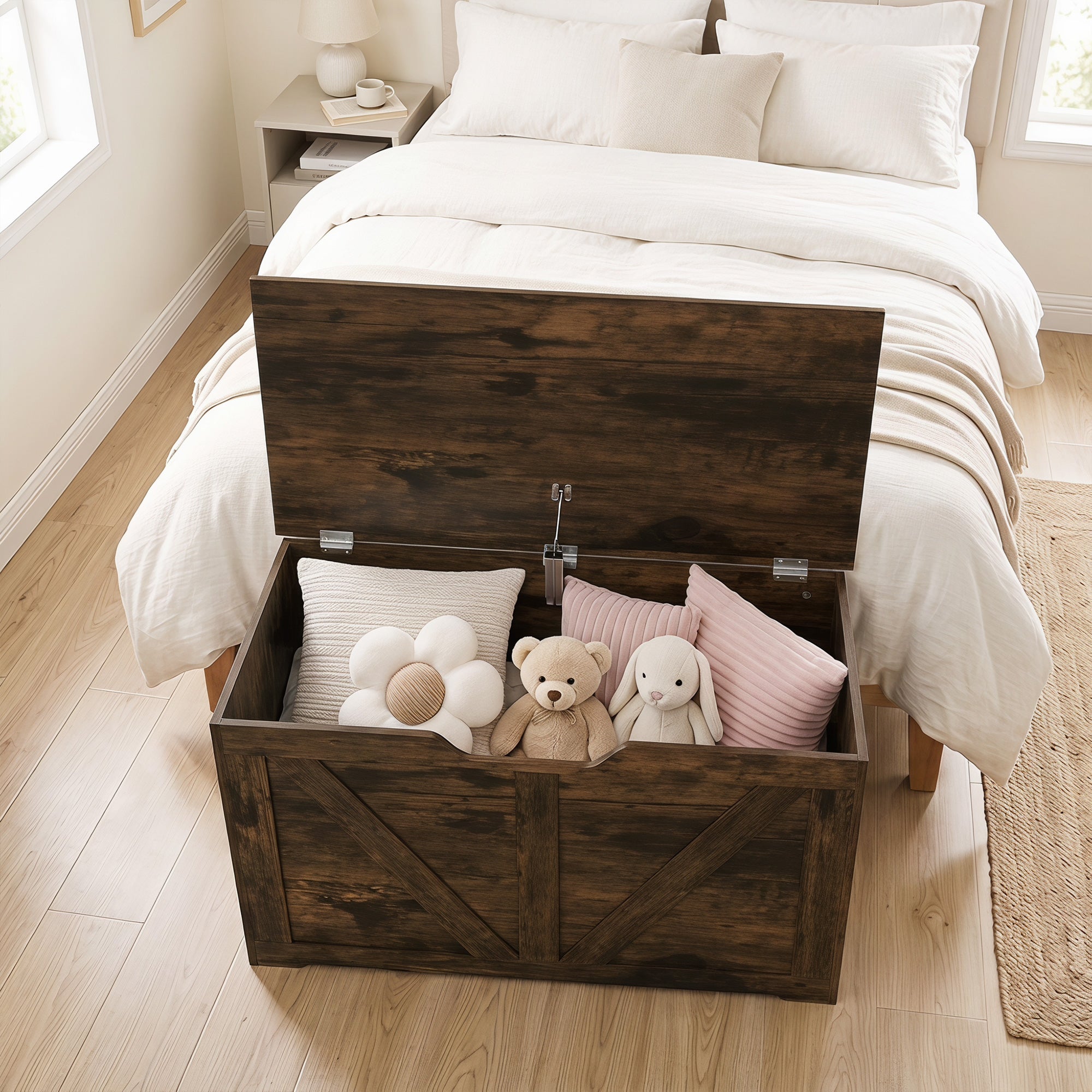100L Storage Chest, Shoe Storage Trunk Bench Box with Safety Hinge and U-shaped Cut-out Pull, Blanket Box Ottoman for Bedroom, Living Room, Entryway, 80 x 40 x 45 cm, Rustic Brown Wood-Effect