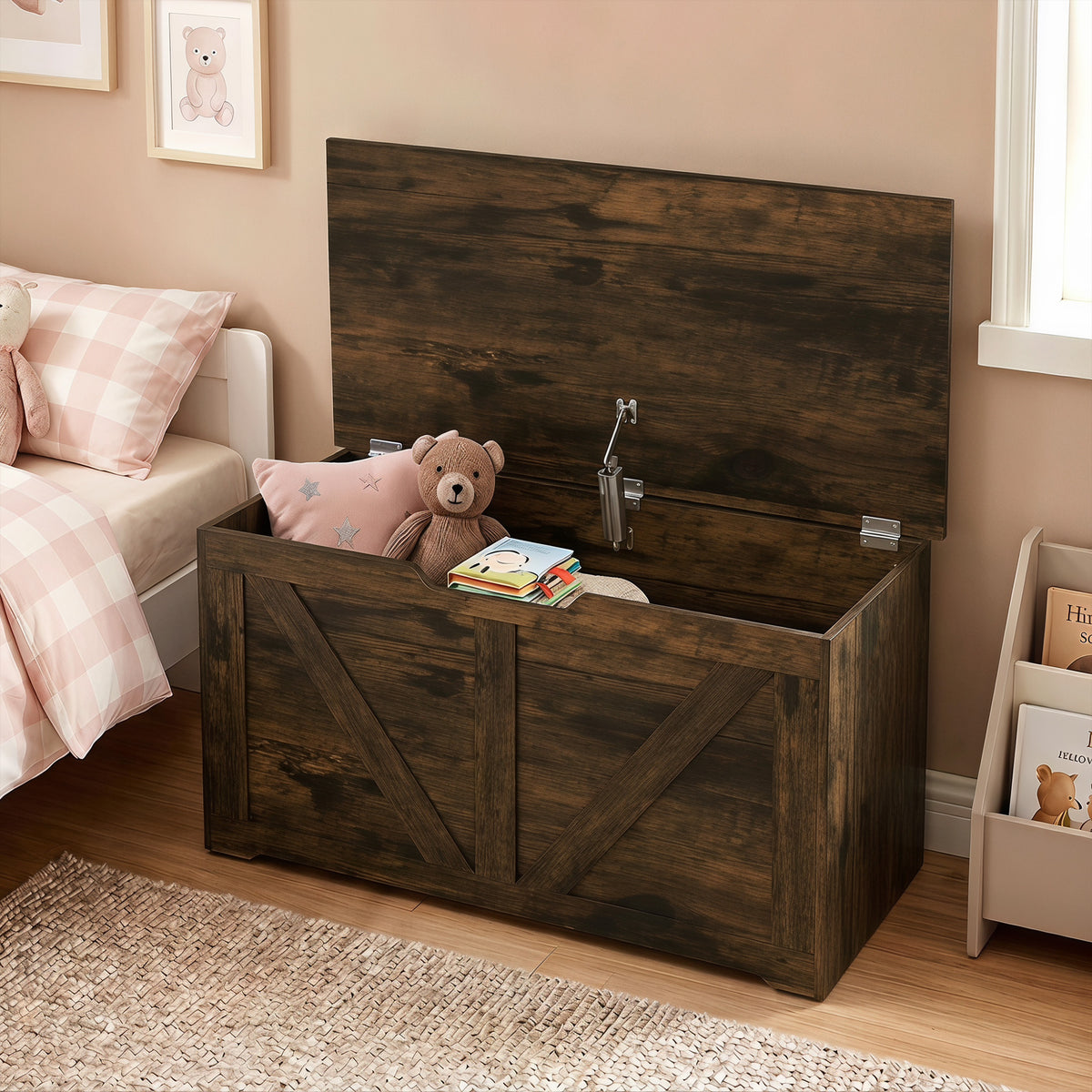 Storage Chest, Storage Bench with Safety Hinge and U-shaped Cut-out Pull for Living Room, Entryway, 31.5" x 15.7" x 17.7", Supports 300 lbs, Rustic Brown