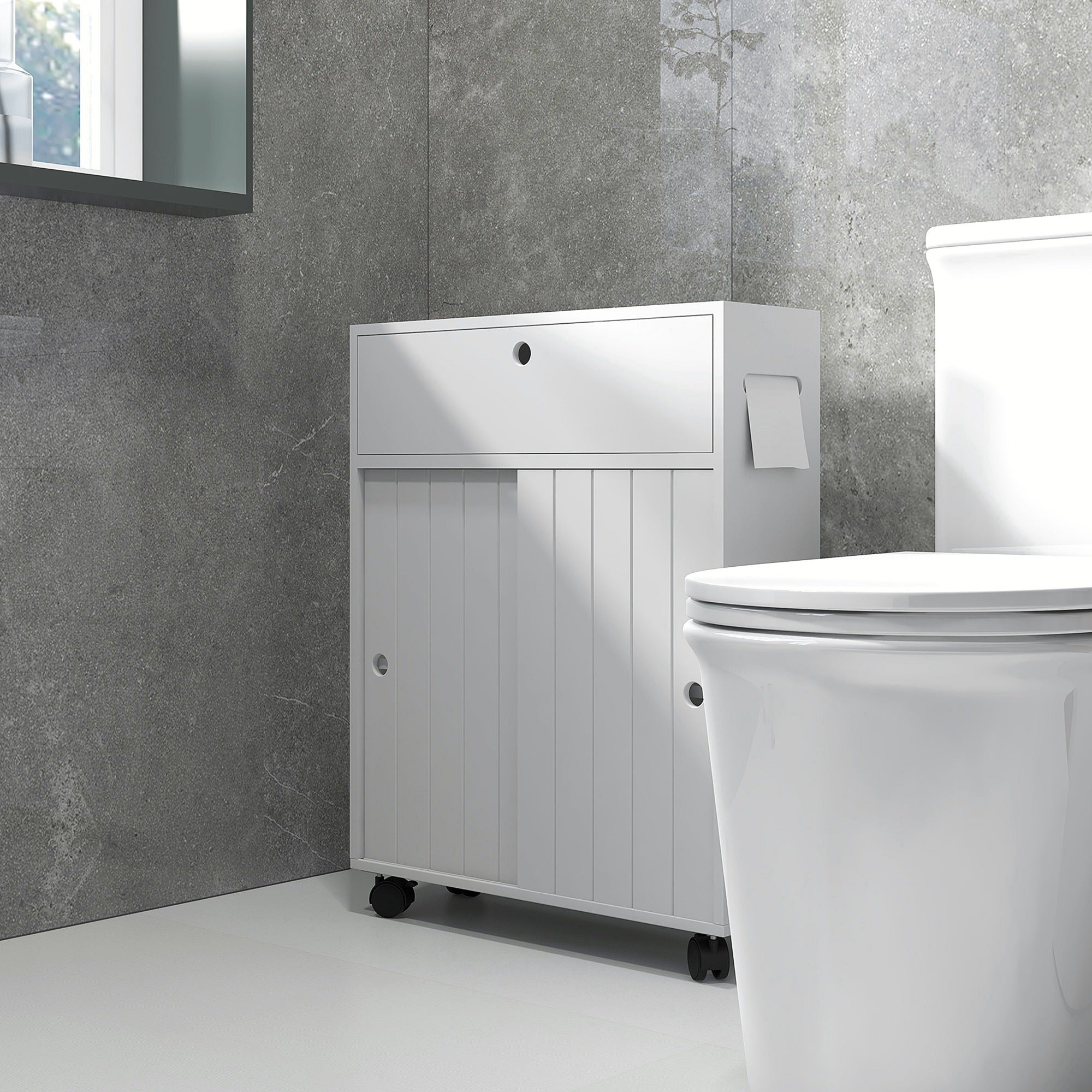 Slim Bathroom Cabinet, Modern Narrow Bathroom Storage Cabinet with 4 Rolling Wheels and Paper Holes, White