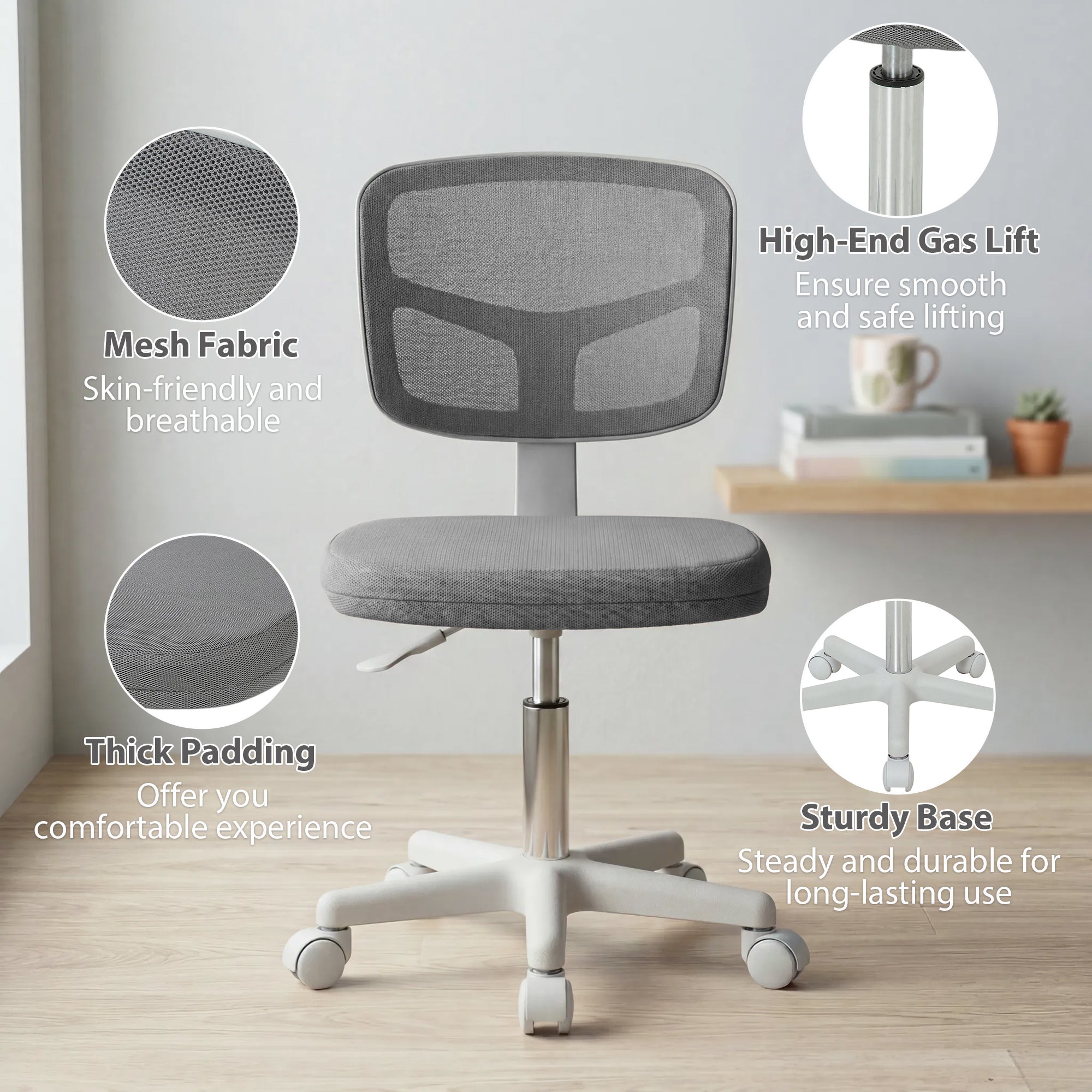 Small Office Chair without Arms, Ergonomic Swivel Mesh Desk Chair with Curved Back and Wheels, Height Adjustable for Home Vanity Computer Dressing Table Study Bedroom, Dark Grey