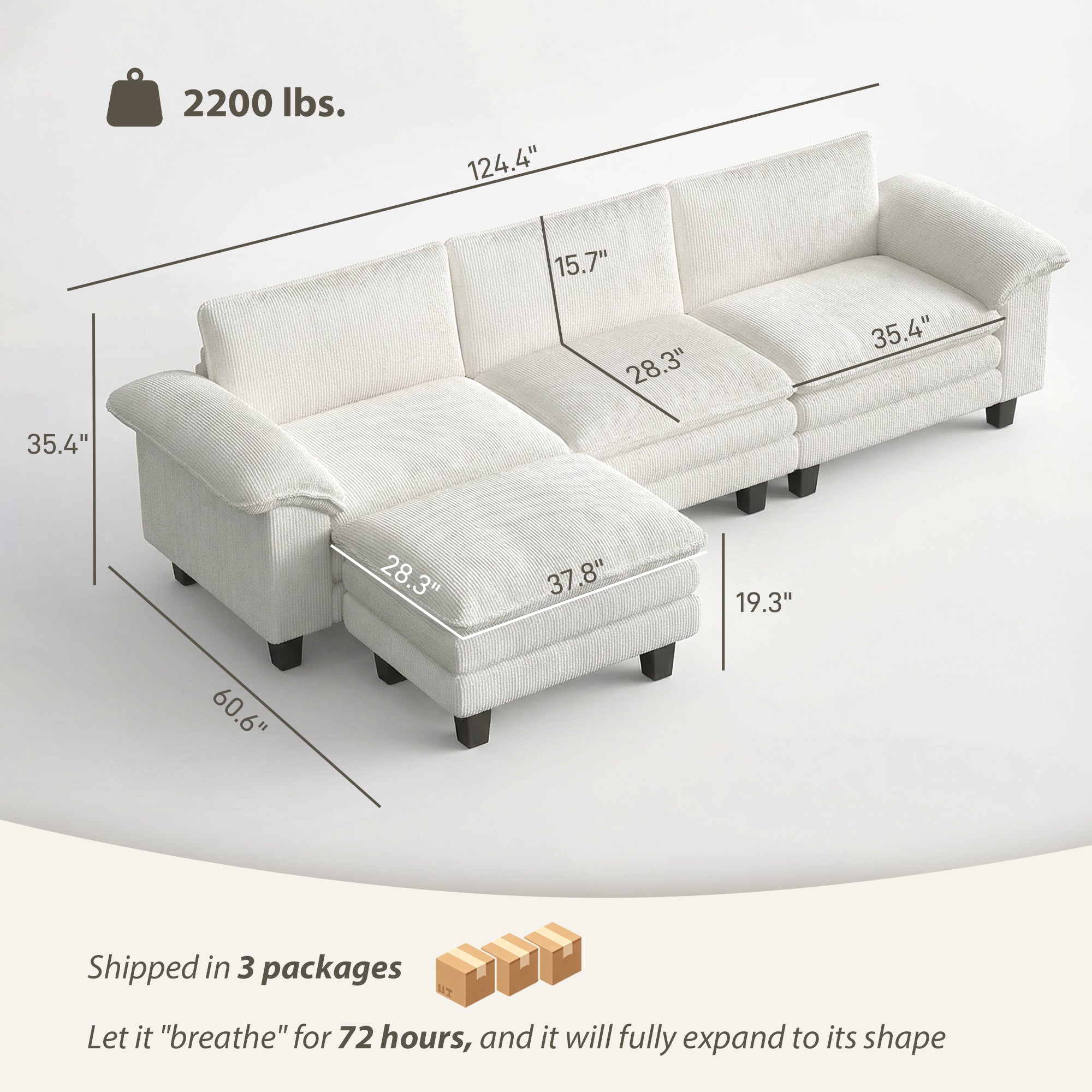 124" Sectional Sofa, L Shaped Couch with Deep Seat, Movable Ottoman and Pillow-top Armrests, Corduroy 3 Seat Sectional Couch for Living Room, 2200lb Capacity, Beige