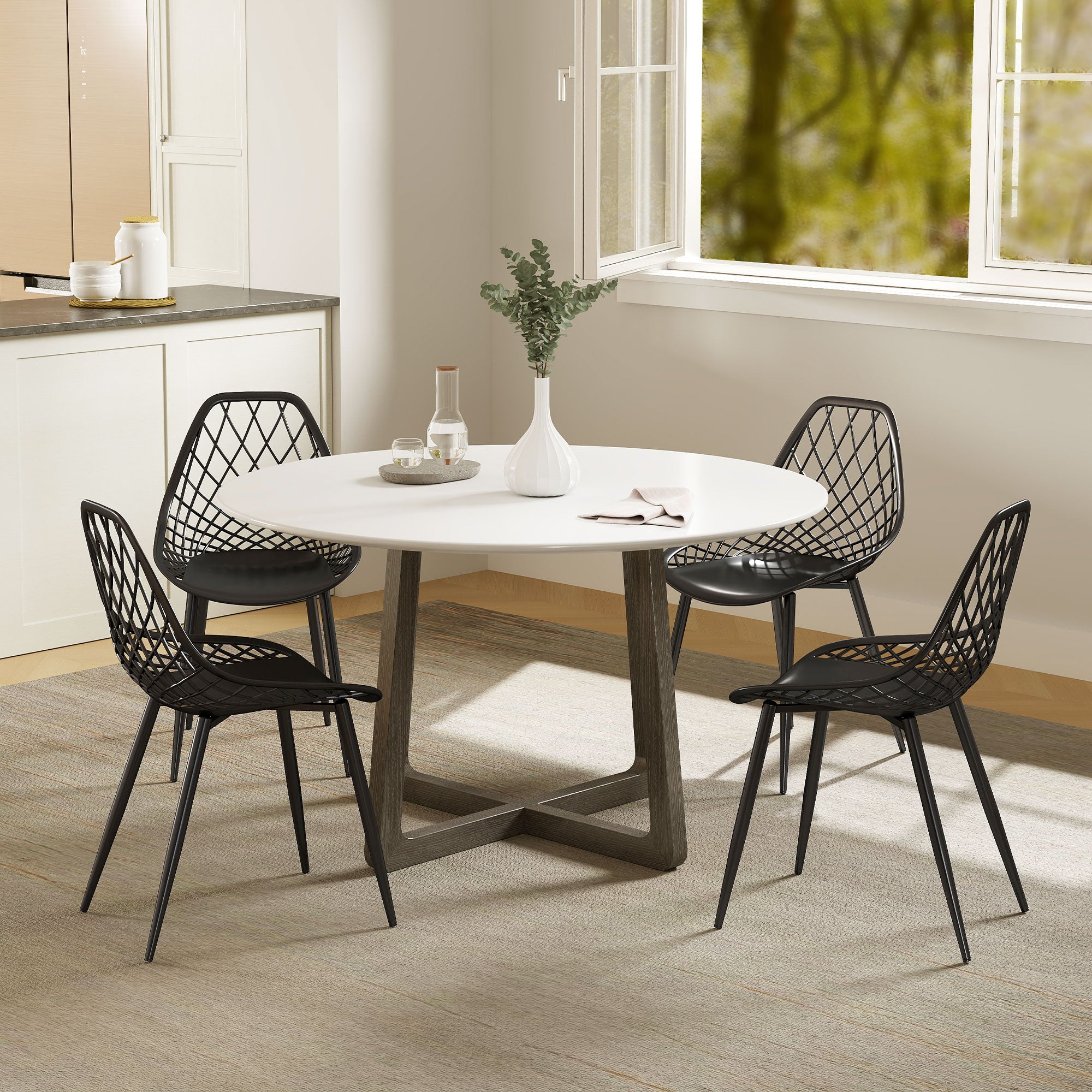 Plastic Dining Chairs Set of 4, Modern Kitchen Chairs with Hollow Backrest and Metal Legs for Living Room, Dining Room, Home Office, Black