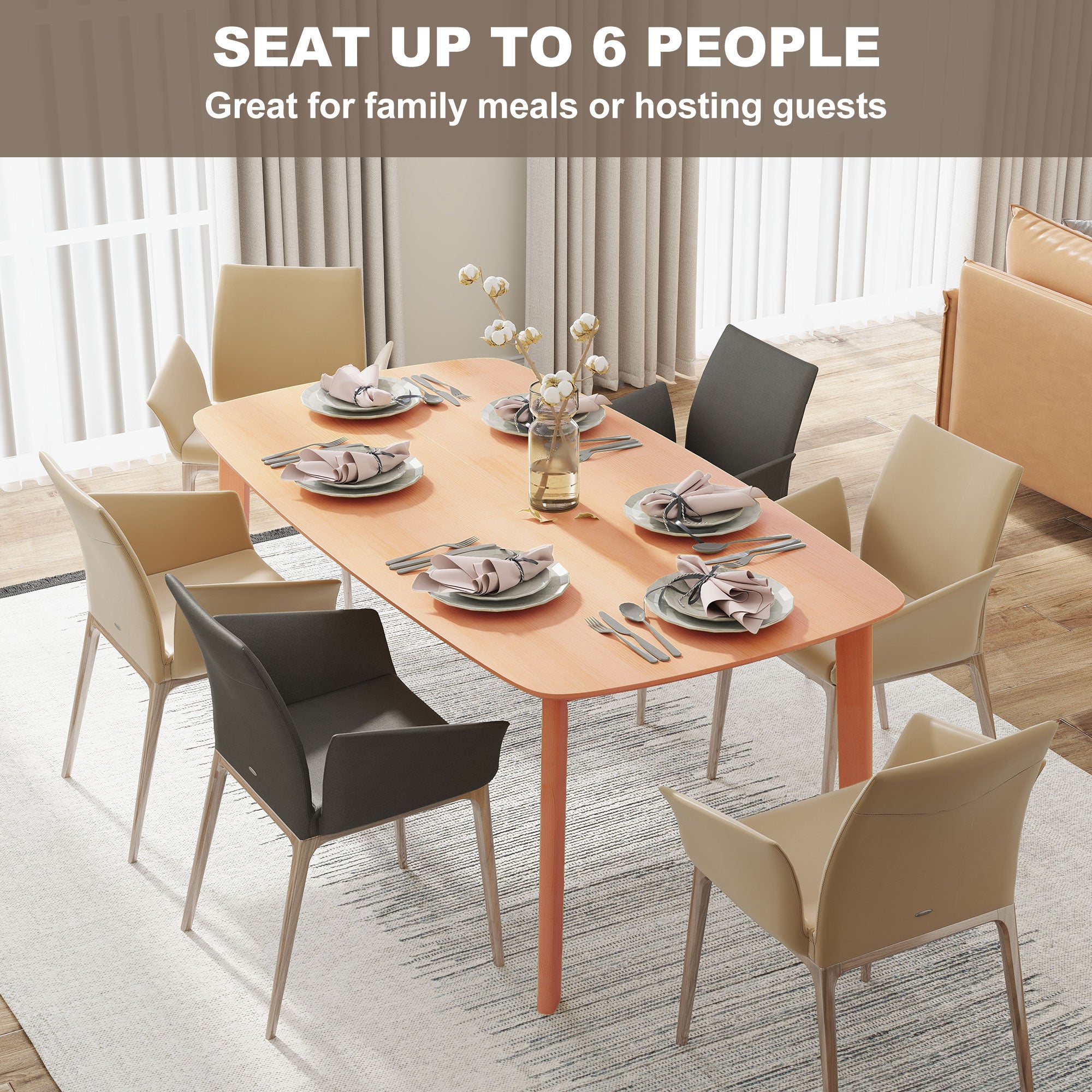 Solid Wood Dining Table for 6 People, 47" Long Rustic Rectangular Kitchen Table with Large Tabletop for Dining Room, Natural