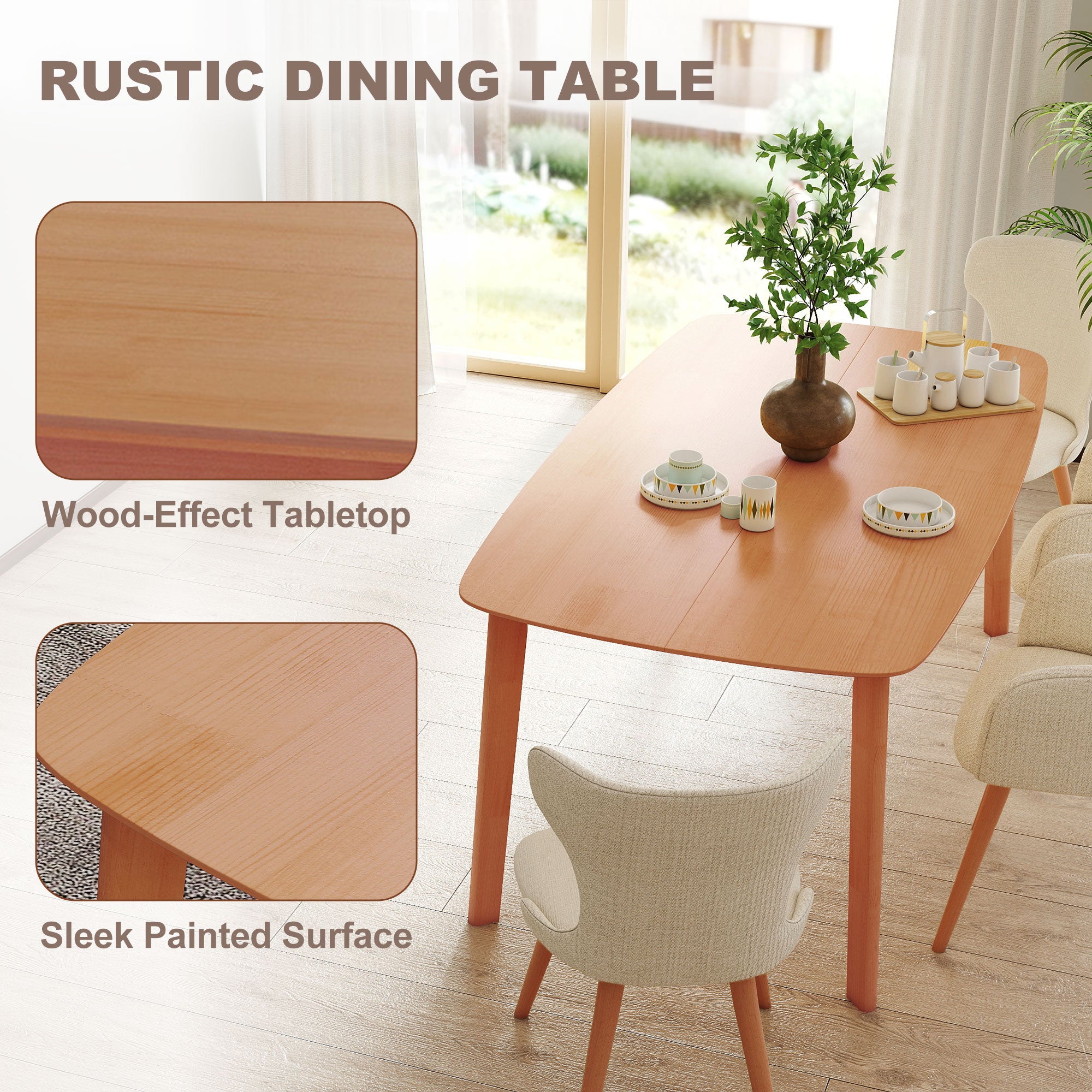 Solid Wood Dining Table for 6 People, 47" Long Rustic Rectangular Kitchen Table with Large Tabletop for Dining Room, Natural