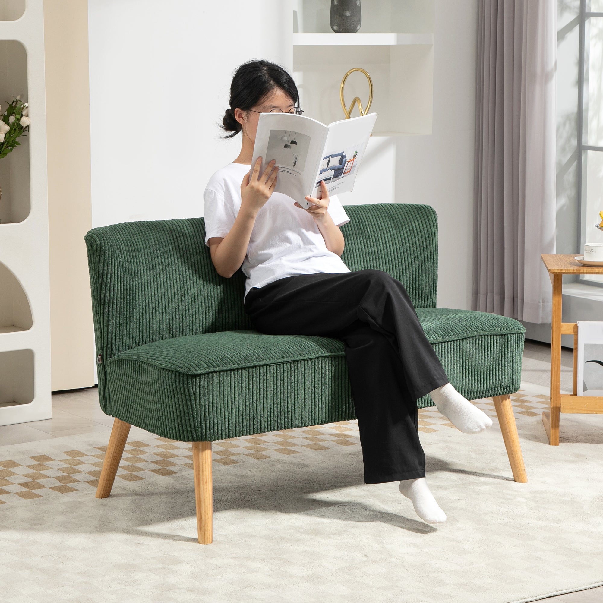 46" Loveseat Sofa, Corduroy Fabric 2 Seater Sofa Couch with Thick Padded Seat and Rubber Wood Legs, Upholstered Small Couch for Living Room, Home Office, Green