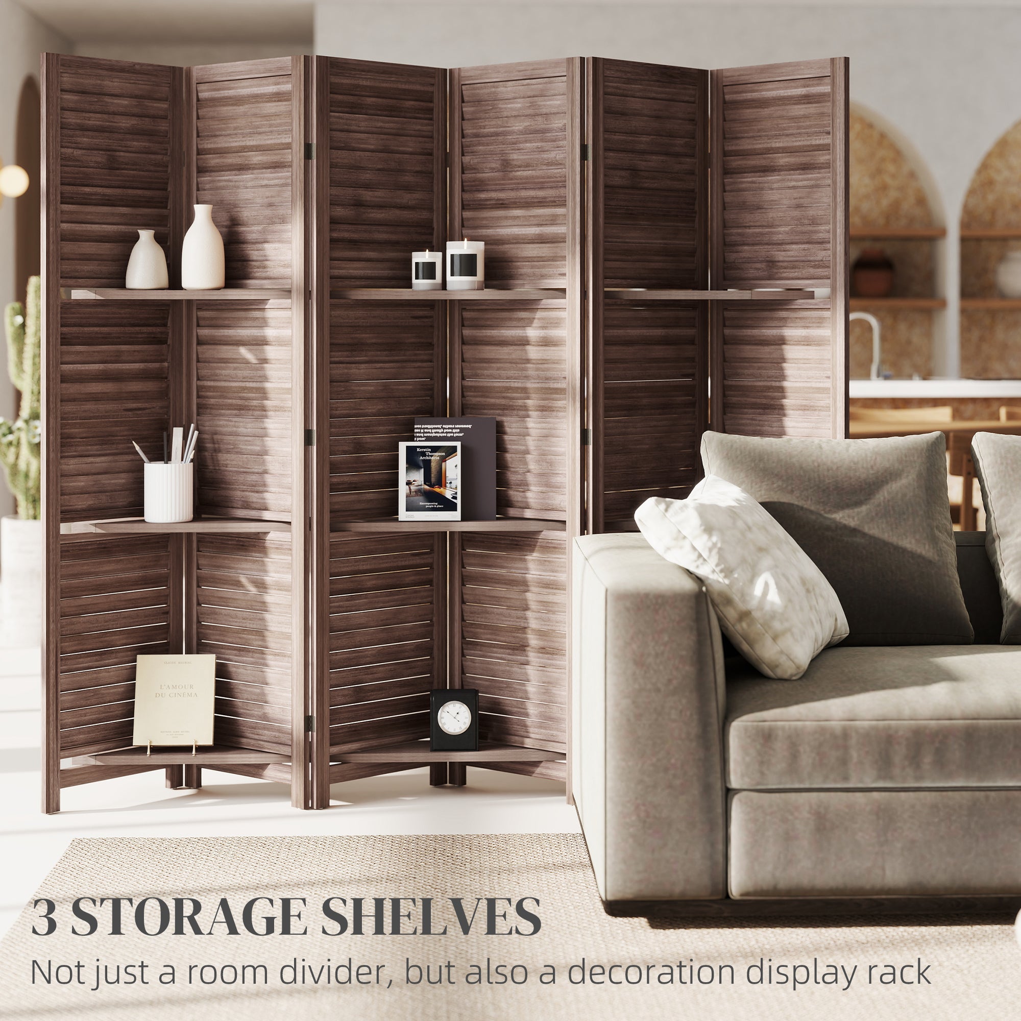 Room Divider, 6 Panel 67" Tall Wood Privacy Screen with 3 Display Shelves, and Folding Storage for Bedroom or Home Office, Walnut