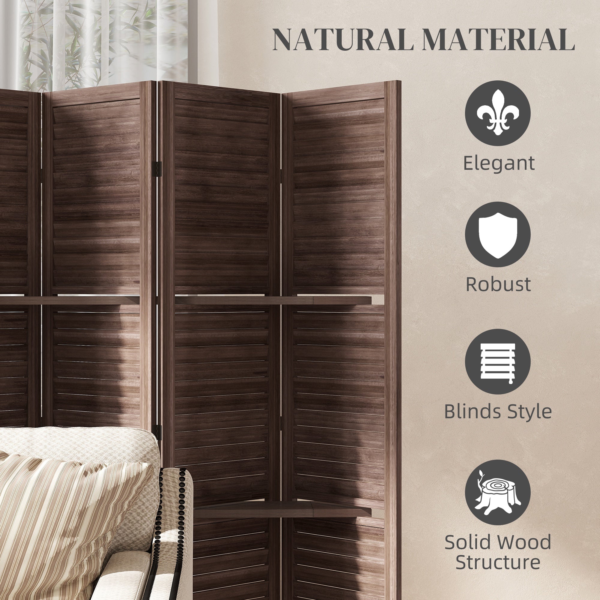 Room Divider, 6 Panel 67" Tall Wood Privacy Screen with 3 Display Shelves, and Folding Storage for Bedroom or Home Office, Walnut