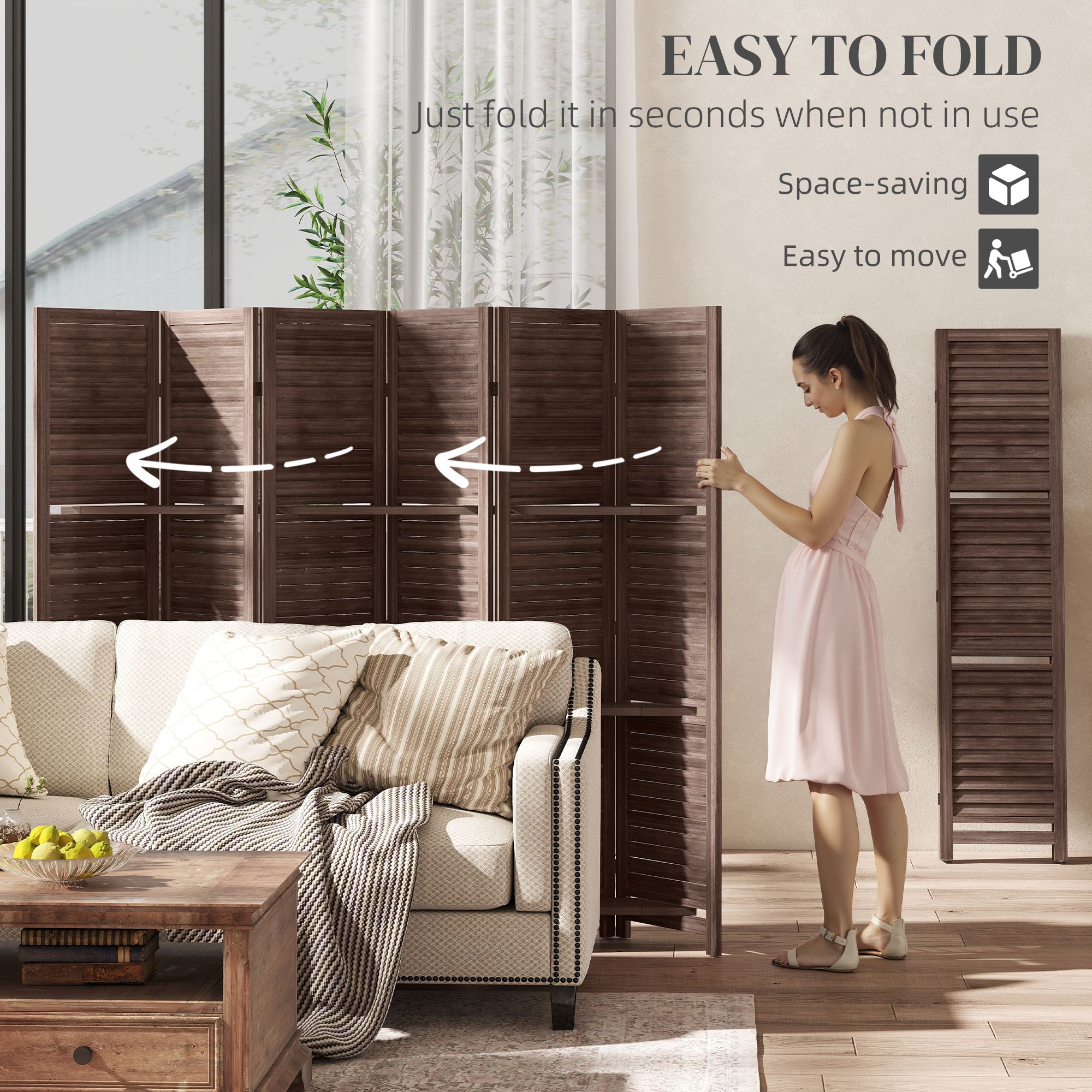 Room Divider, 6 Panel 67" Tall Wood Privacy Screen with 3 Display Shelves, and Folding Storage for Bedroom or Home Office, Walnut