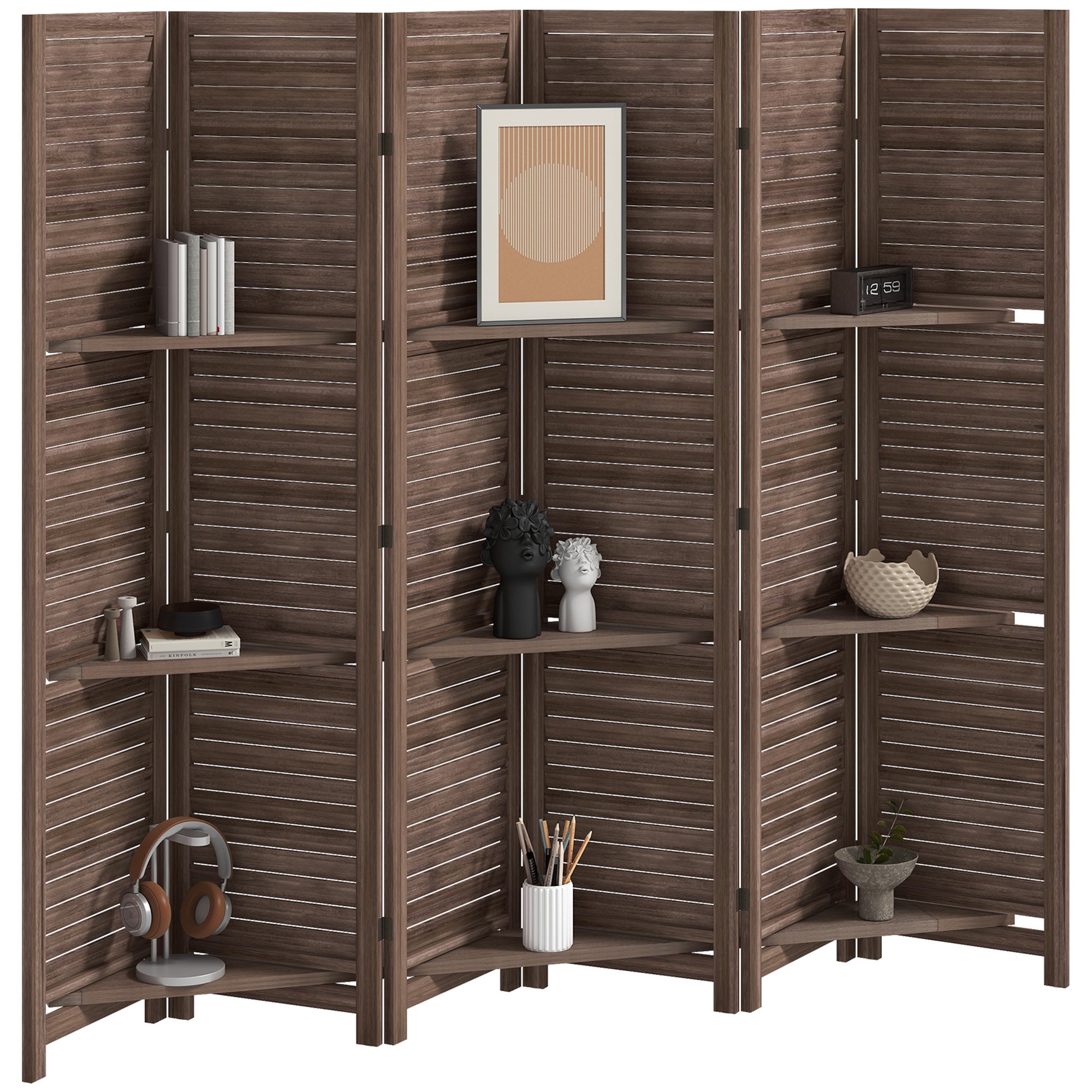 Room Divider, 6 Panel 67" Tall Wood Privacy Screen with 3 Display Shelves, and Folding Storage for Bedroom or Home Office, Walnut