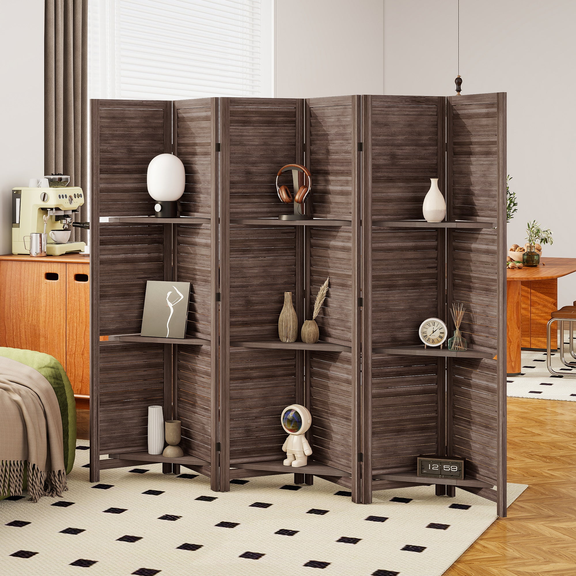 Room Divider, 6 Panel 67" Tall Wood Privacy Screen with 3 Display Shelves, and Folding Storage for Bedroom or Home Office, Walnut