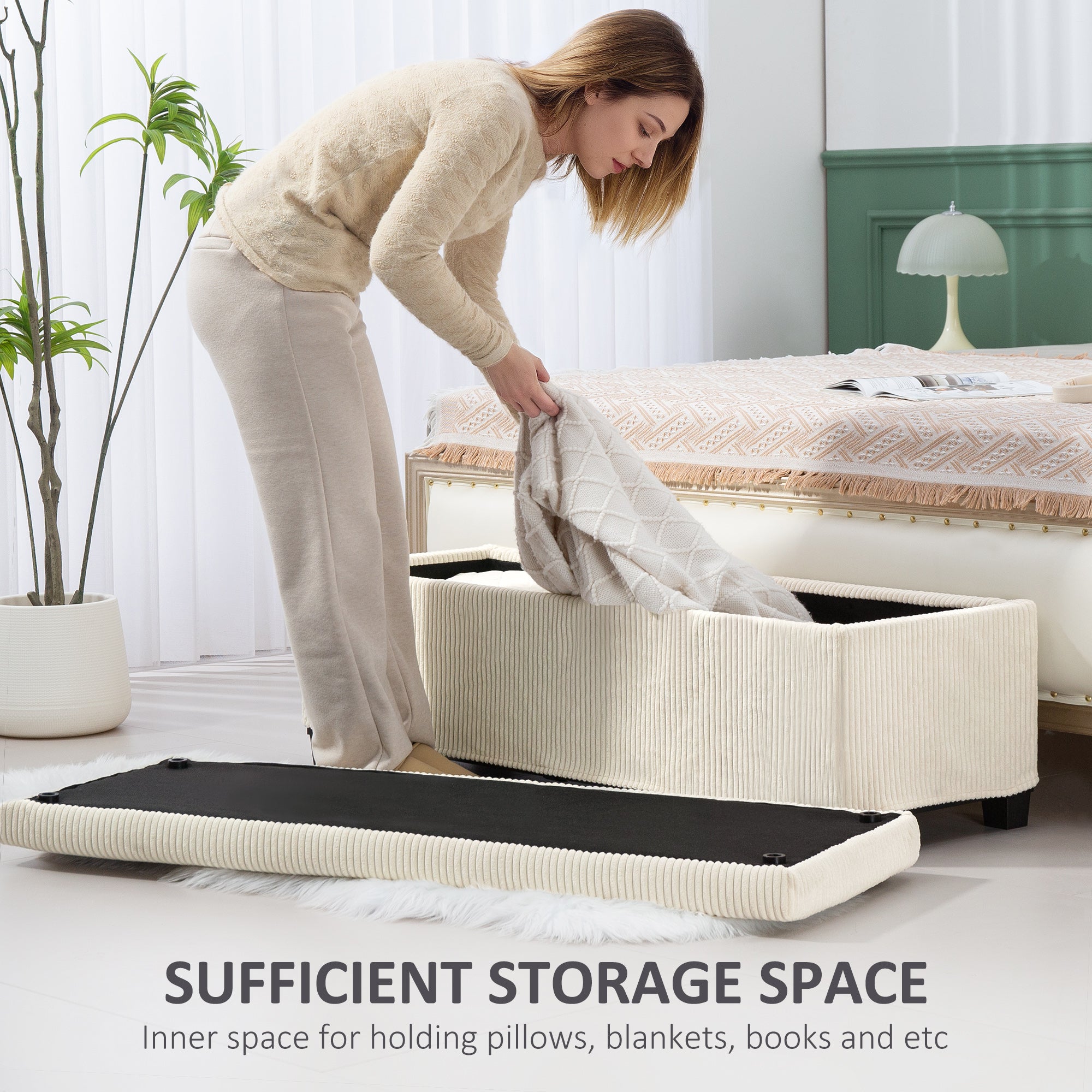 HOMCOM 47 Inches Storage Ottoman Bench, Foot Rest with Legs, Removable Lid, End of Bed Bench, Corduroy Storage Chest for Living Room, Bedroom, Entryway, Beige