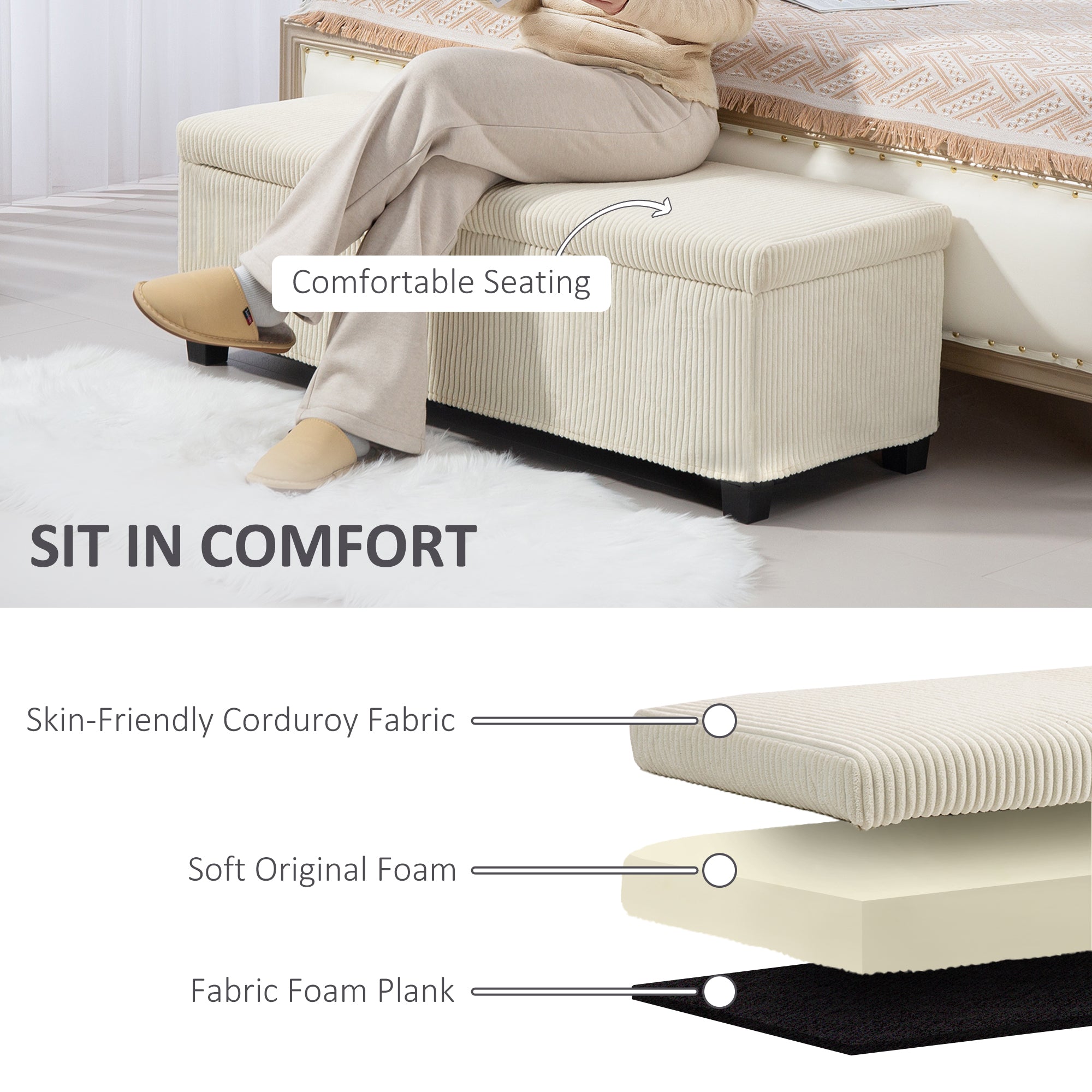 HOMCOM 47 Inches Storage Ottoman Bench, Foot Rest with Legs, Removable Lid, End of Bed Bench, Corduroy Storage Chest for Living Room, Bedroom, Entryway, Beige