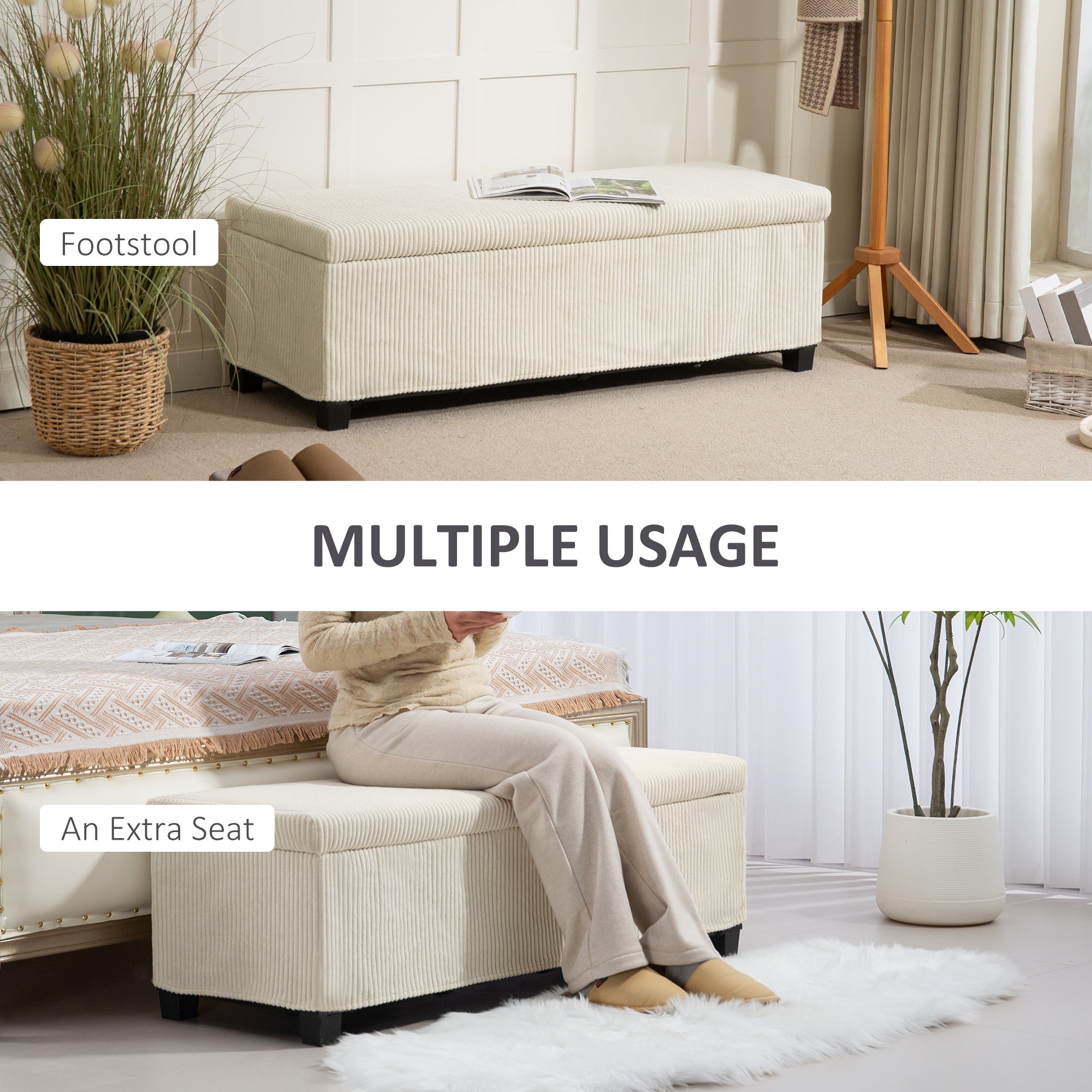 HOMCOM 47 Inches Storage Ottoman Bench, Foot Rest with Legs, Removable Lid, End of Bed Bench, Corduroy Storage Chest for Living Room, Bedroom, Entryway, Beige