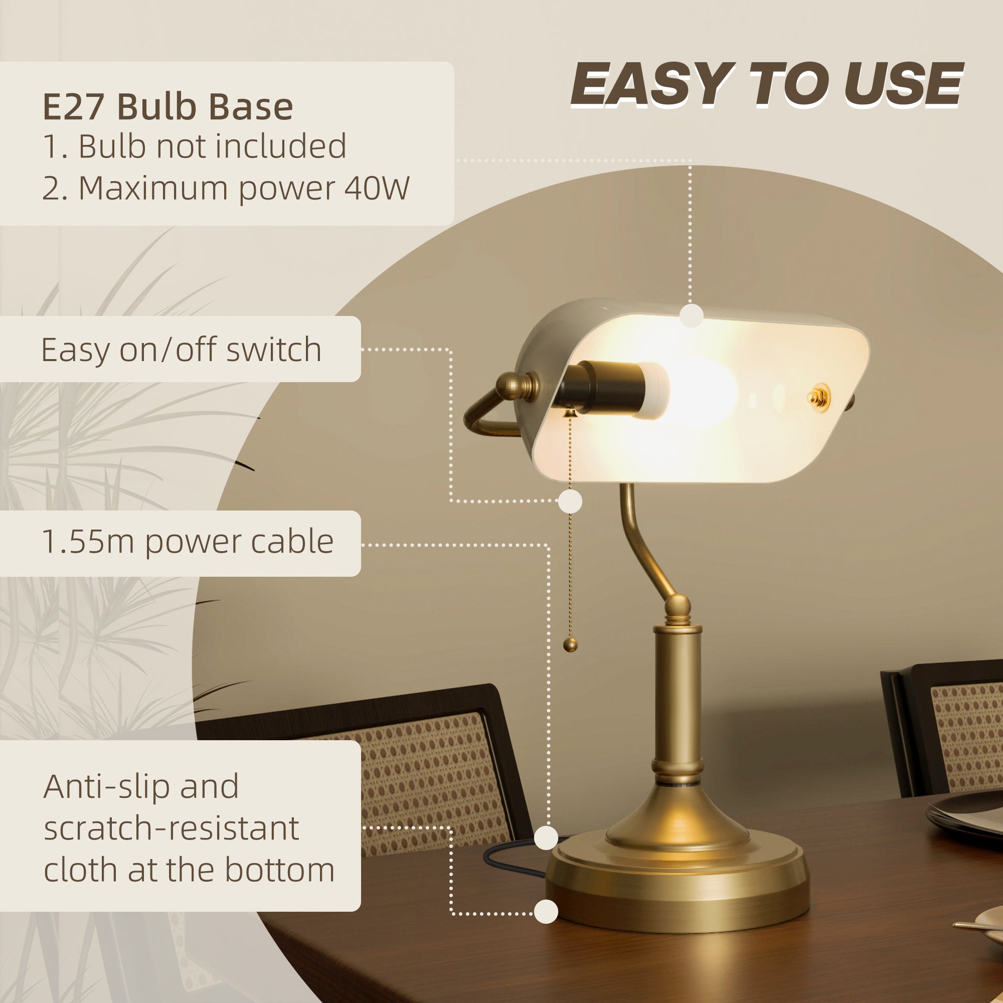 HOMCOM Banker's Table Lamp Desk Lamp with Antique Bronze Tone Base, White Glass Shade and Pull Rope Switch for Home Office, Living Room, Bedroom, Dining Room, White