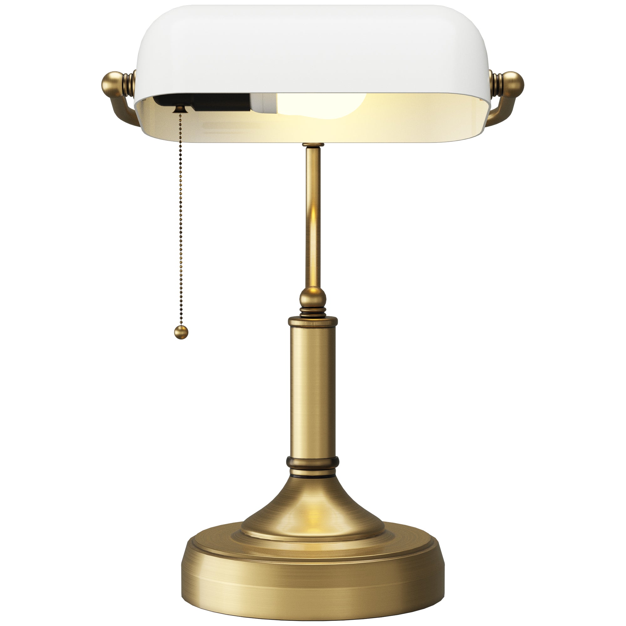 HOMCOM Banker's Table Lamp Desk Lamp with Antique Bronze Tone Base, White Glass Shade and Pull Rope Switch for Home Office, Living Room, Bedroom, Dining Room, White