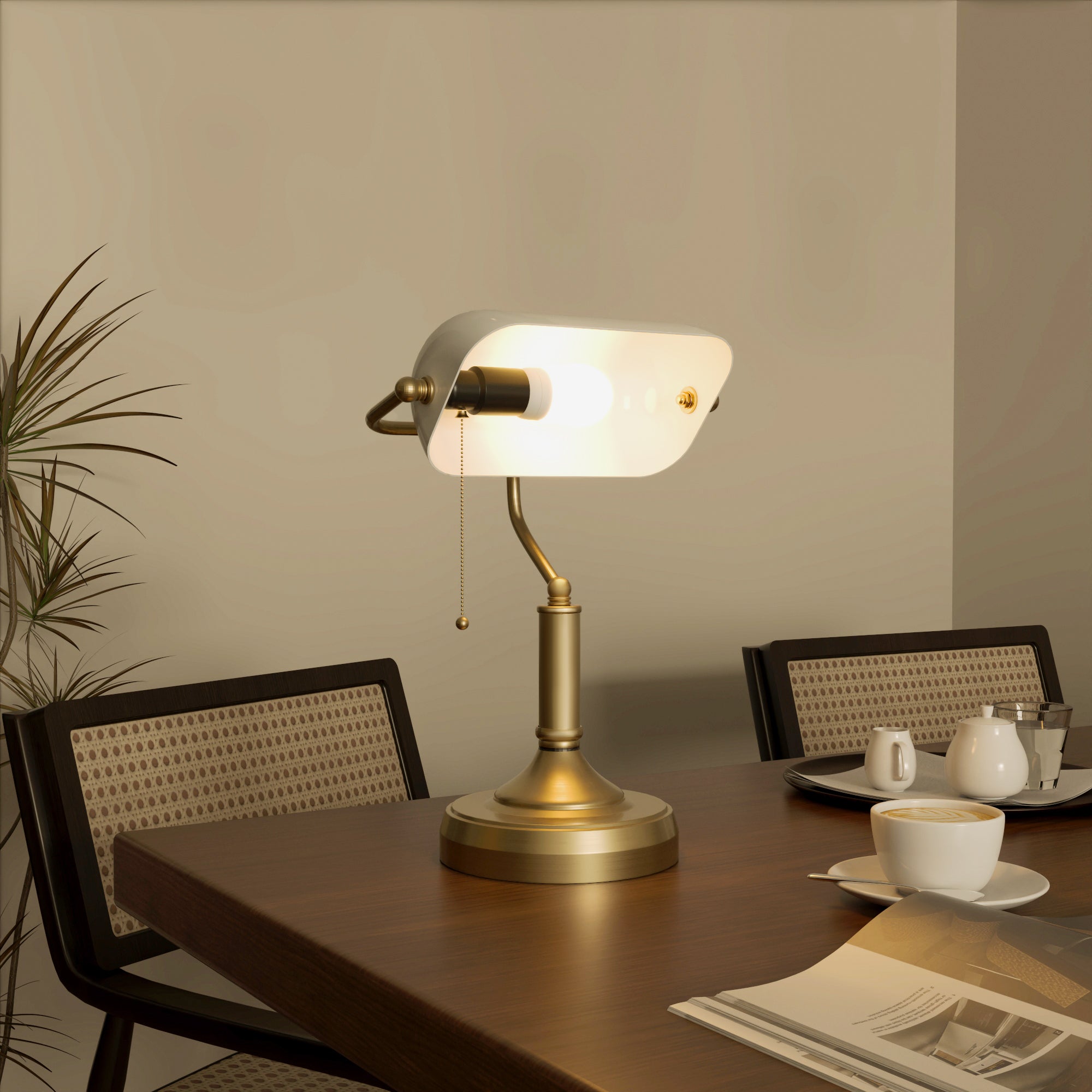 HOMCOM Banker's Table Lamp Desk Lamp with Antique Bronze Tone Base, White Glass Shade and Pull Rope Switch for Home Office, Living Room, Bedroom, Dining Room, White