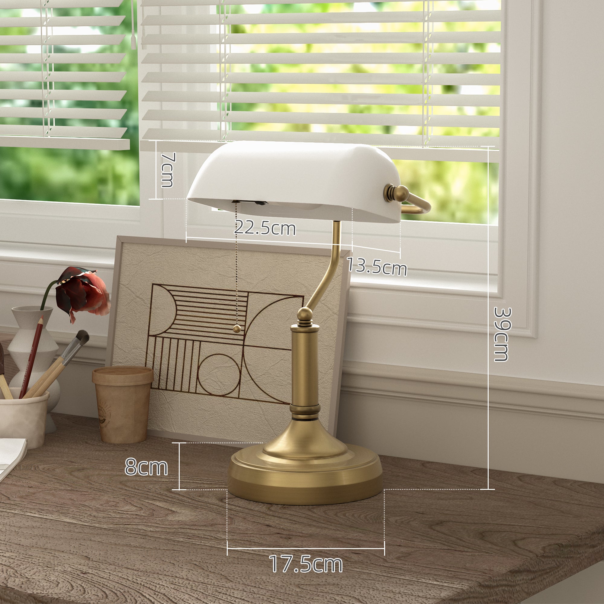 HOMCOM Banker's Table Lamp Desk Lamp with Antique Bronze Tone Base, White Glass Shade and Pull Rope Switch for Home Office, Living Room, Bedroom, Dining Room, White