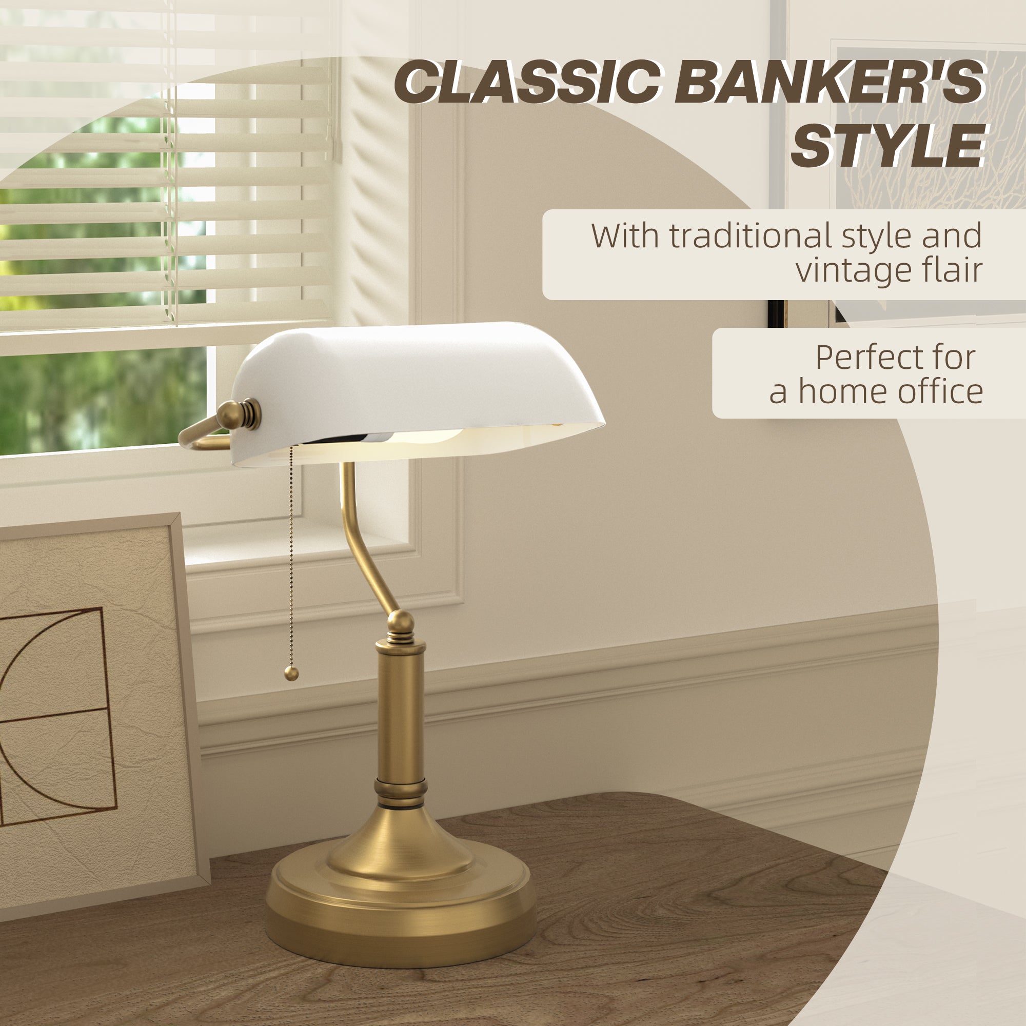 HOMCOM Banker's Table Lamp Desk Lamp with Antique Bronze Tone Base, White Glass Shade and Pull Rope Switch for Home Office, Living Room, Bedroom, Dining Room, White