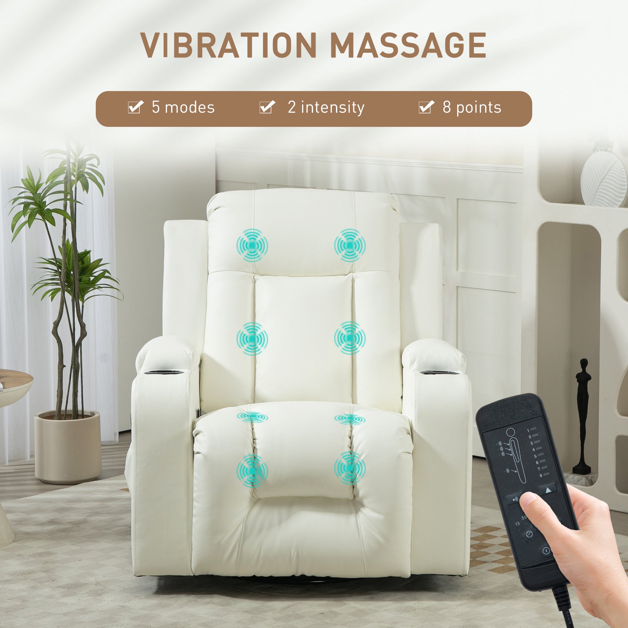 HOMCOM Massage Recliner Chair for Living Room with 8 Vibration, Overstuffed PU Leather Manual Reclining Chair with Wide Seat, Cup Holders, 360° Swivel, Rocking, Cream White