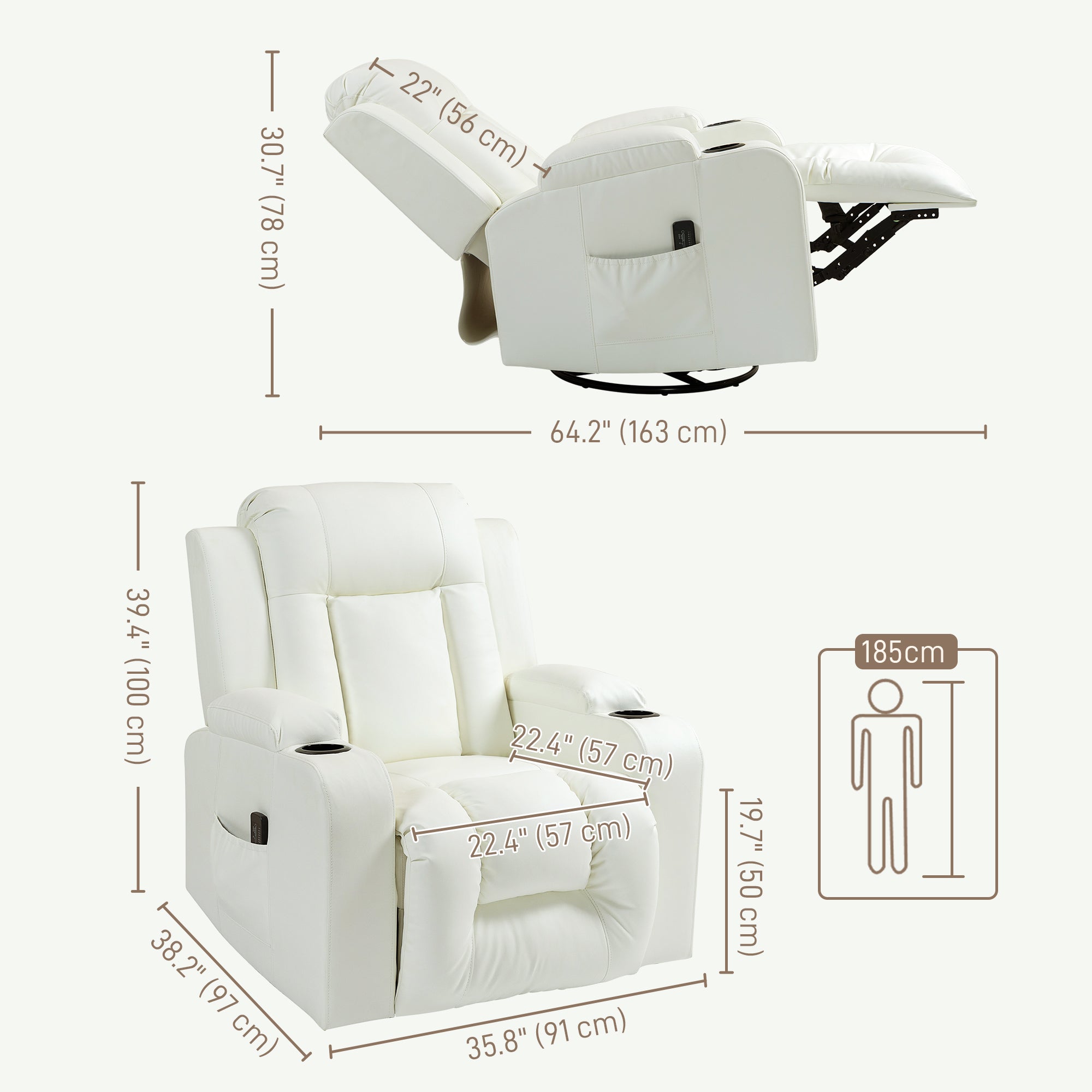 HOMCOM Massage Recliner Chair for Living Room with 8 Vibration, Overstuffed PU Leather Manual Reclining Chair with Wide Seat, Cup Holders, 360° Swivel, Rocking, Cream White