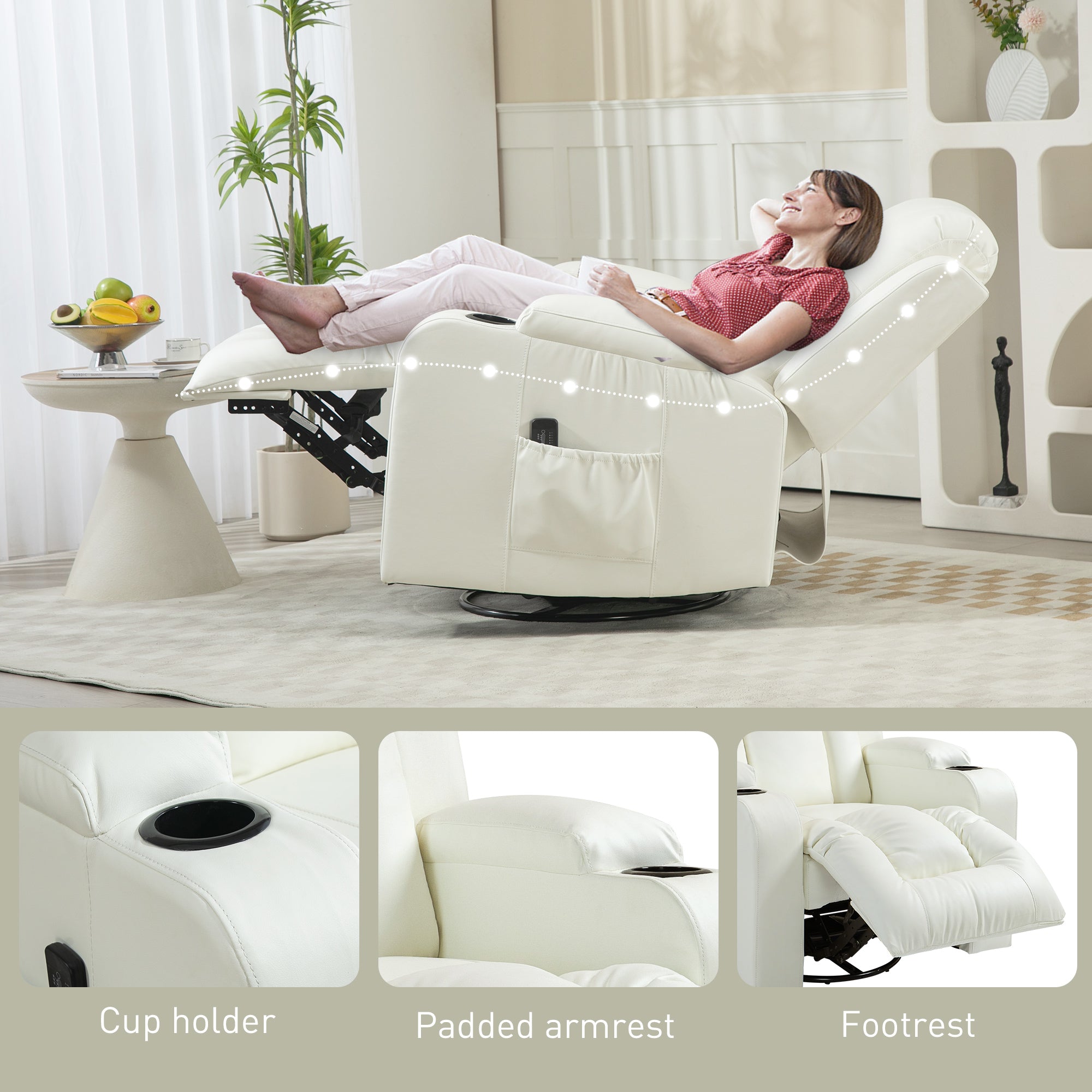 HOMCOM Massage Recliner Chair for Living Room with 8 Vibration, Overstuffed PU Leather Manual Reclining Chair with Wide Seat, Cup Holders, 360° Swivel, Rocking, Cream White