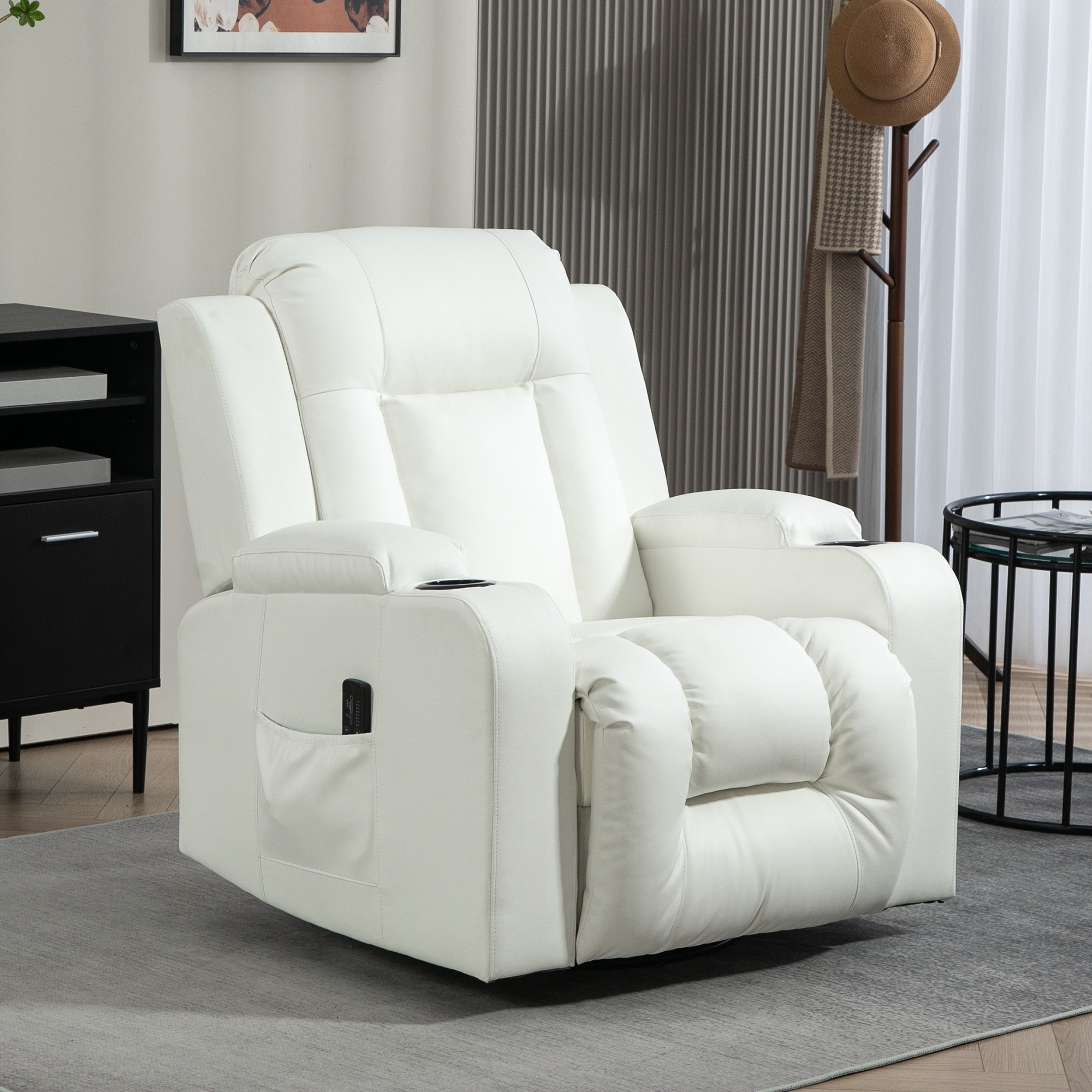 HOMCOM Massage Recliner Chair for Living Room with 8 Vibration, Overstuffed PU Leather Manual Reclining Chair with Wide Seat, Cup Holders, 360° Swivel, Rocking, Cream White