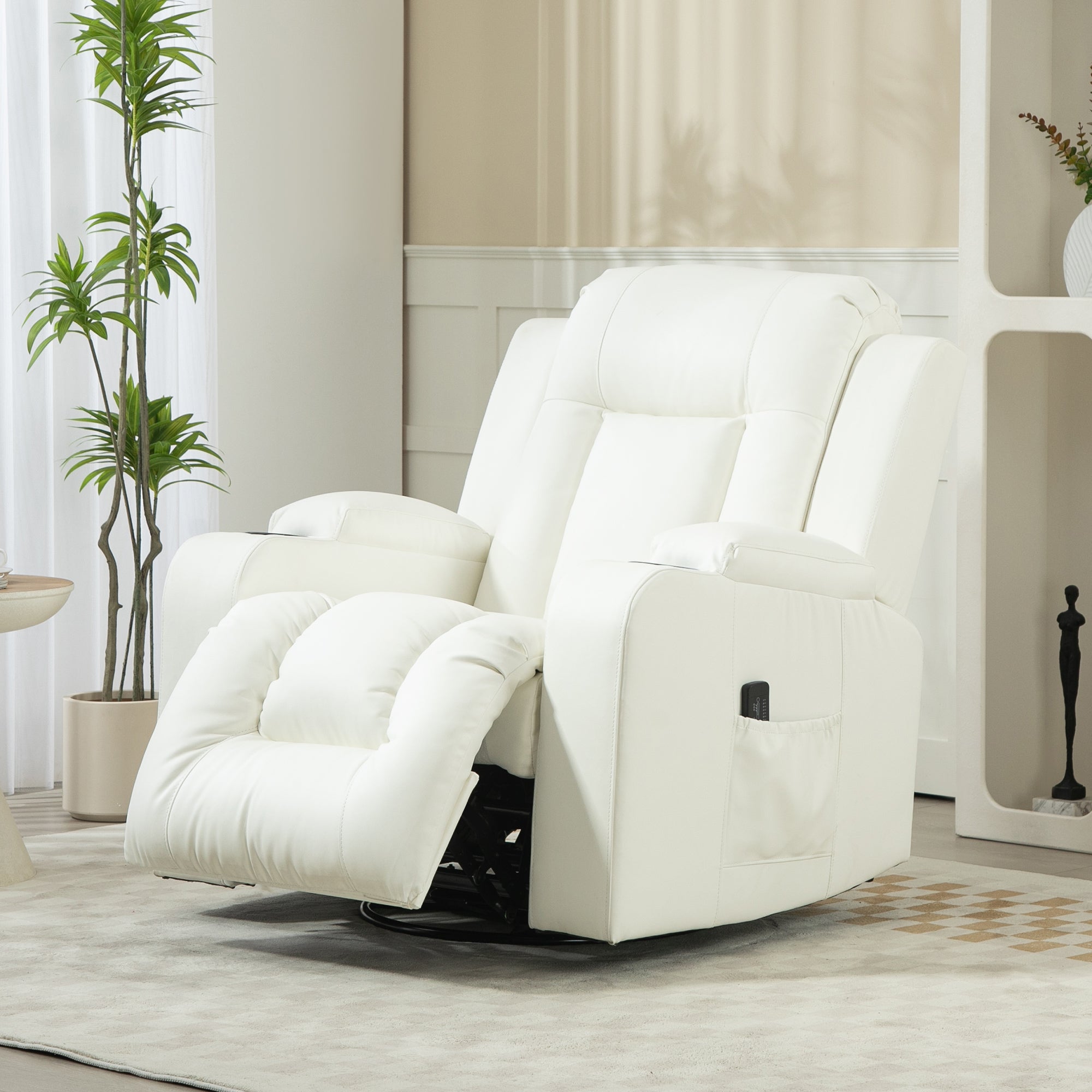 HOMCOM Massage Recliner Chair for Living Room with 8 Vibration, Overstuffed PU Leather Manual Reclining Chair with Wide Seat, Cup Holders, 360° Swivel, Rocking, Cream White