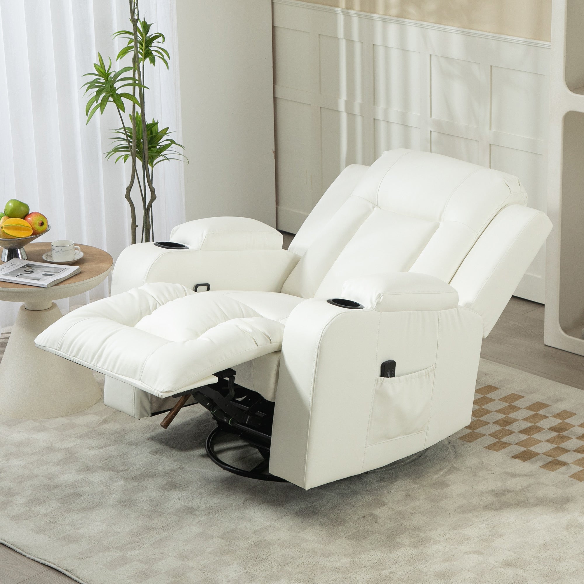 HOMCOM Massage Recliner Chair for Living Room with 8 Vibration, Overstuffed PU Leather Manual Reclining Chair with Wide Seat, Cup Holders, 360° Swivel, Rocking, Cream White