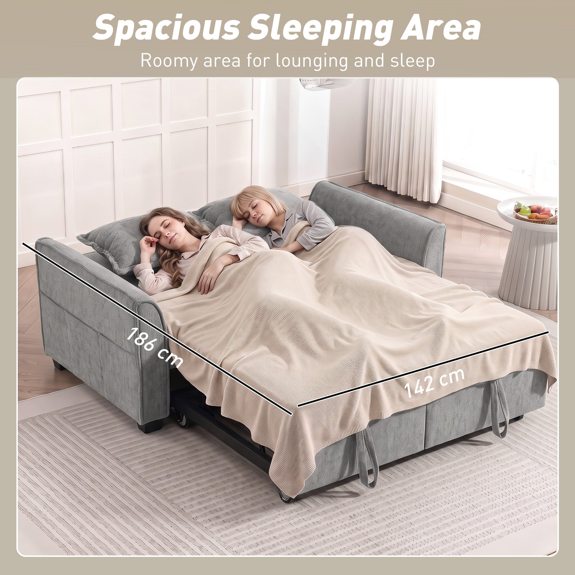 2 Seater Sofa Bed, 4-in-1 L Shaped Convertible Pull Out Sleeper Sofa with Adjustable Backrest, Chenille Loveseat with 2 Pillows, Wide Deep Seat, Side Pockets for Living Room, Grey