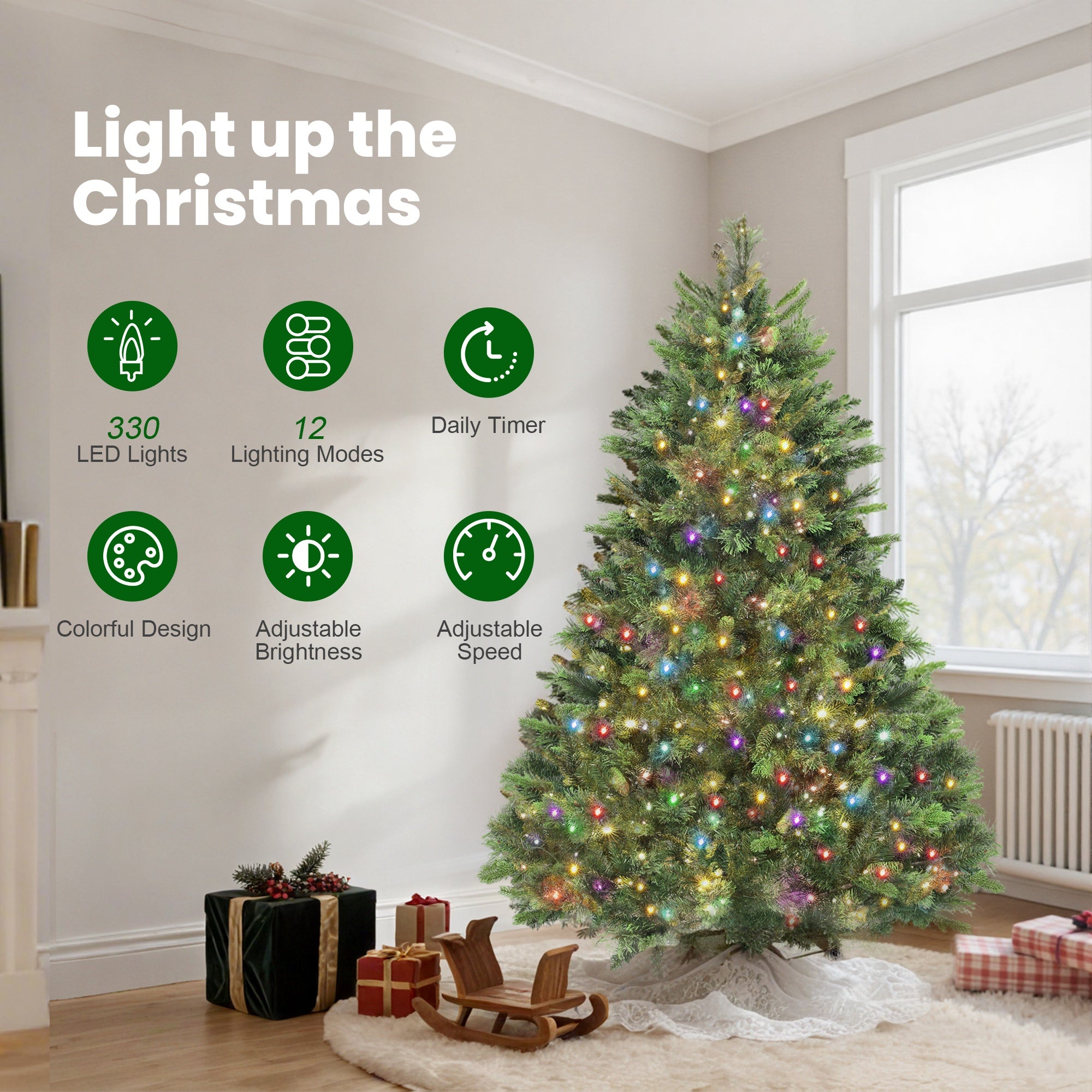 180cm Prelit Christmas Tree with Colourful DIY LED Lights, Carolina Pine, Hinged Xmas Tree with 2123 Tips, Realistic Branches, 12 Modes, Daily Timer, Adjustable Brightness and Speed, Remote