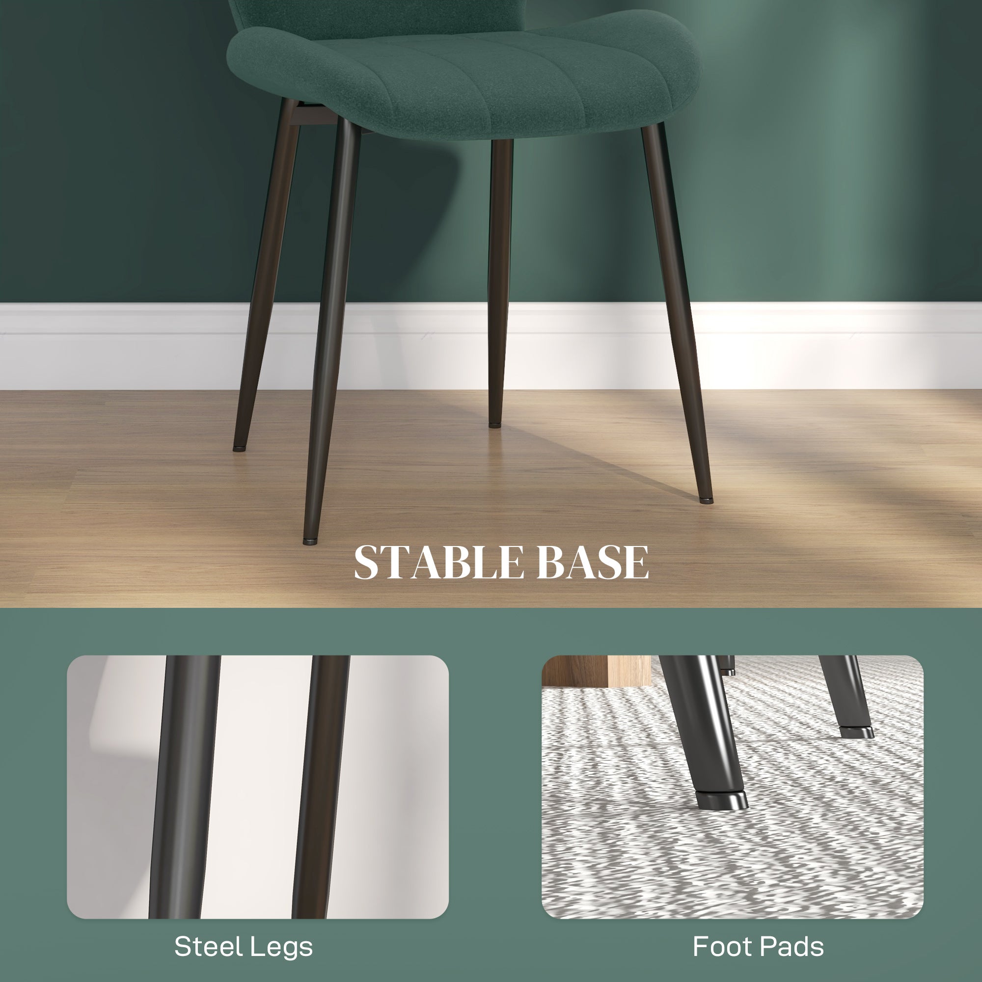 Dining Chairs Set of 4, Modern Style Flannel Upholstered Kitchen Chairs with Backs and Steel Legs, for Living Room, Dining Room, Bedroom, Dark Green