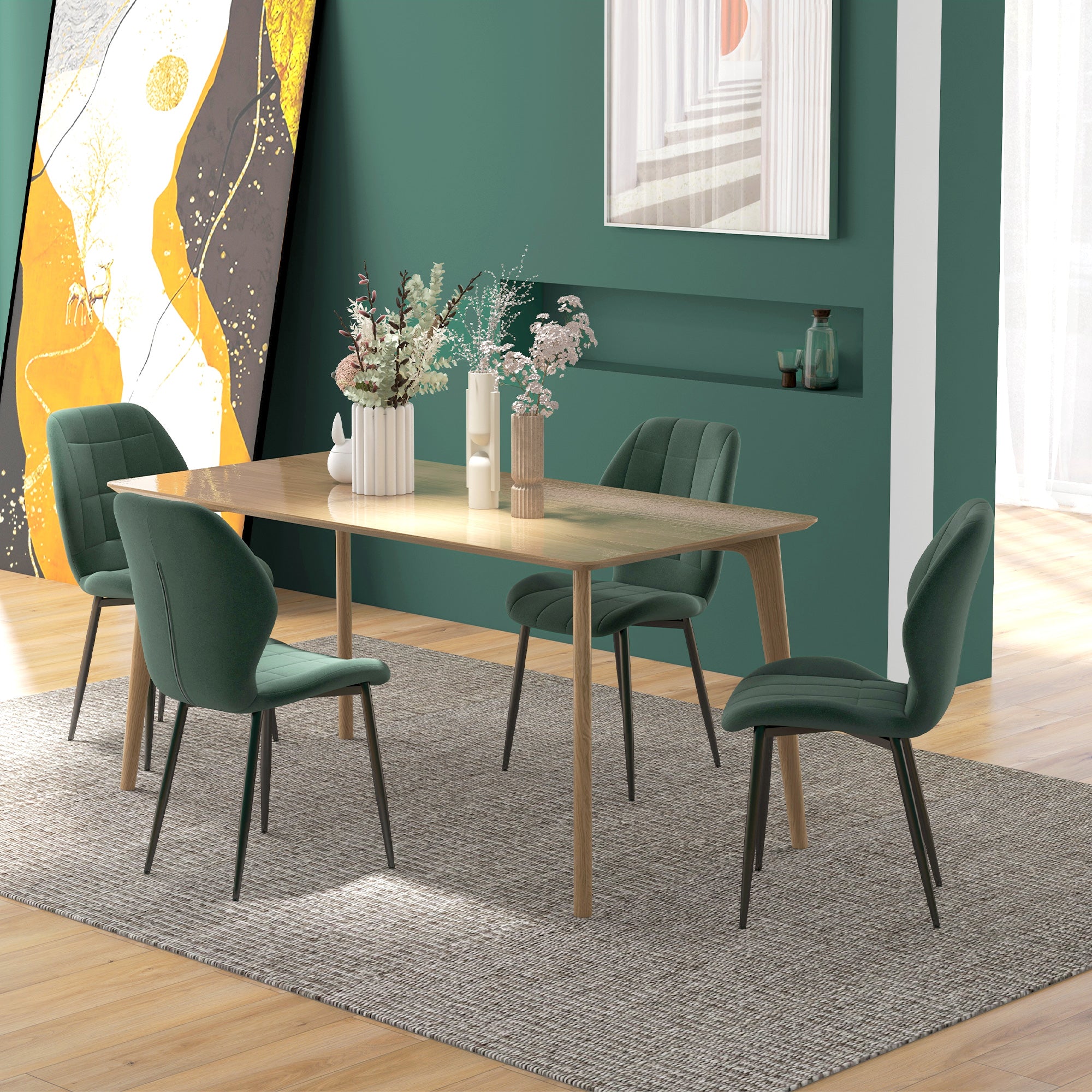 Dining Chairs Set of 4, Modern Style Flannel Upholstered Kitchen Chairs with Backs and Steel Legs, for Living Room, Dining Room, Bedroom, Dark Green