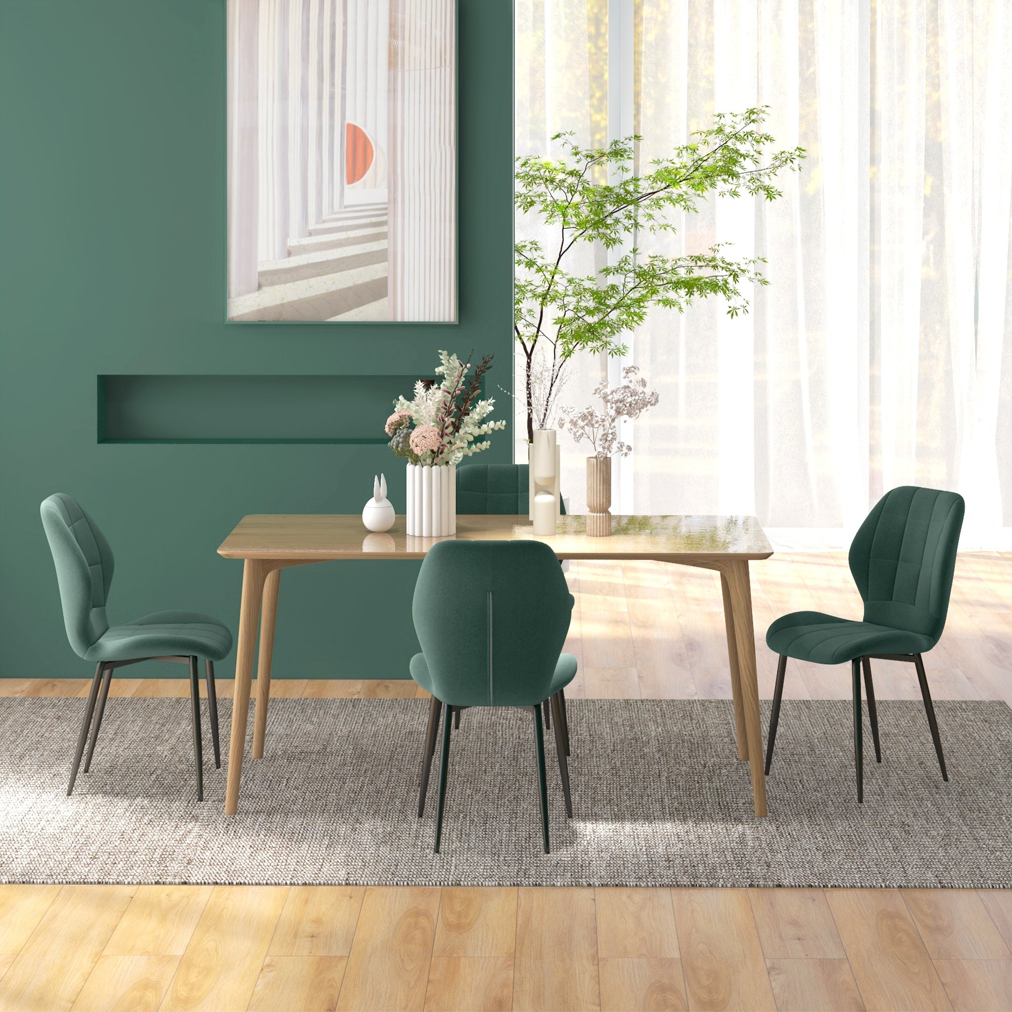 Dining Chairs Set of 4, Modern Style Flannel Upholstered Kitchen Chairs with Backs and Steel Legs, for Living Room, Dining Room, Bedroom, Dark Green